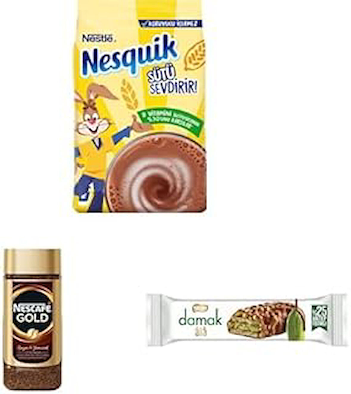 Nesquik Çikolatalı Toz İçecek 375 Gr x 2, Nescafé Çözünebilir Kahve Kavanoz 200 g x 1, Damak Ala Sütlü Çikolata Kaplamalı Antep Fıstıklı Gofret 30 g x 3