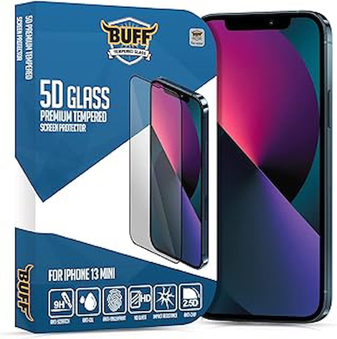 BUFF LABS iPhone 13 Mini 5D Glass Ekran Koruyucu