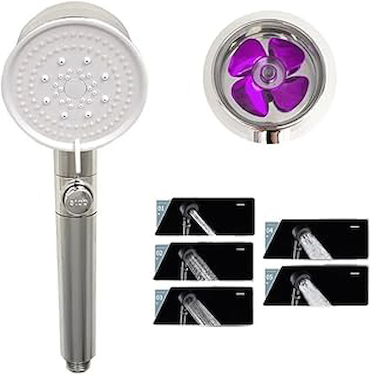 Mayaglory Turbo Fan 5 Fonksiyonlu Chrome Duş Başlığı, El Duşu, Handshower, Chrome