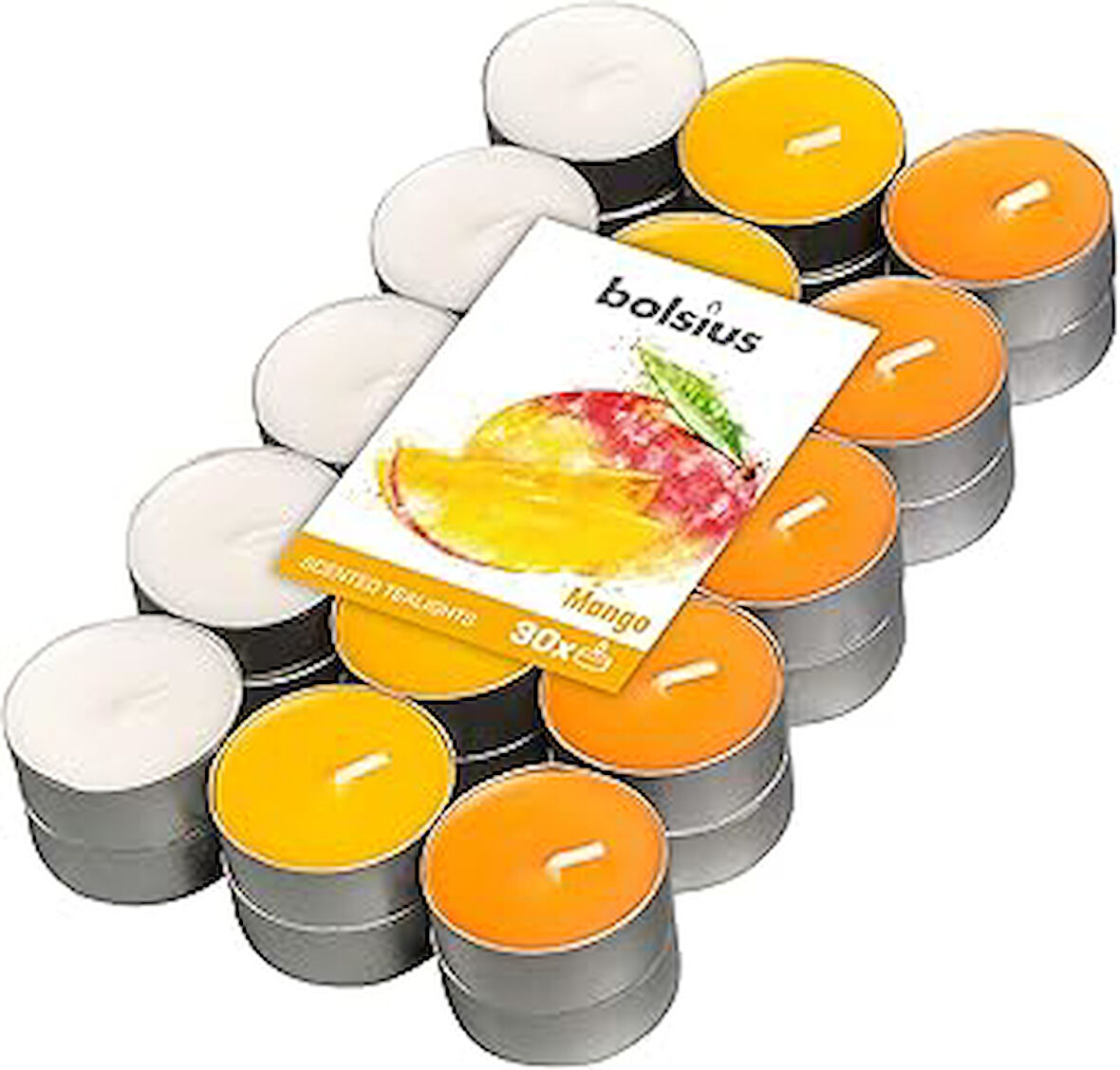 Bolsius Kokulu Tealight Mum, Mango Kokulu, Karışık Renkli, 30'lu Paket, 4 Saatlik Uzun Yanma Süresi - Ev Mumu - İç Dekorasyon - Doğal Özler - Doğal Vegan Balmumu İçerir - Palmiye Yağı İçermez