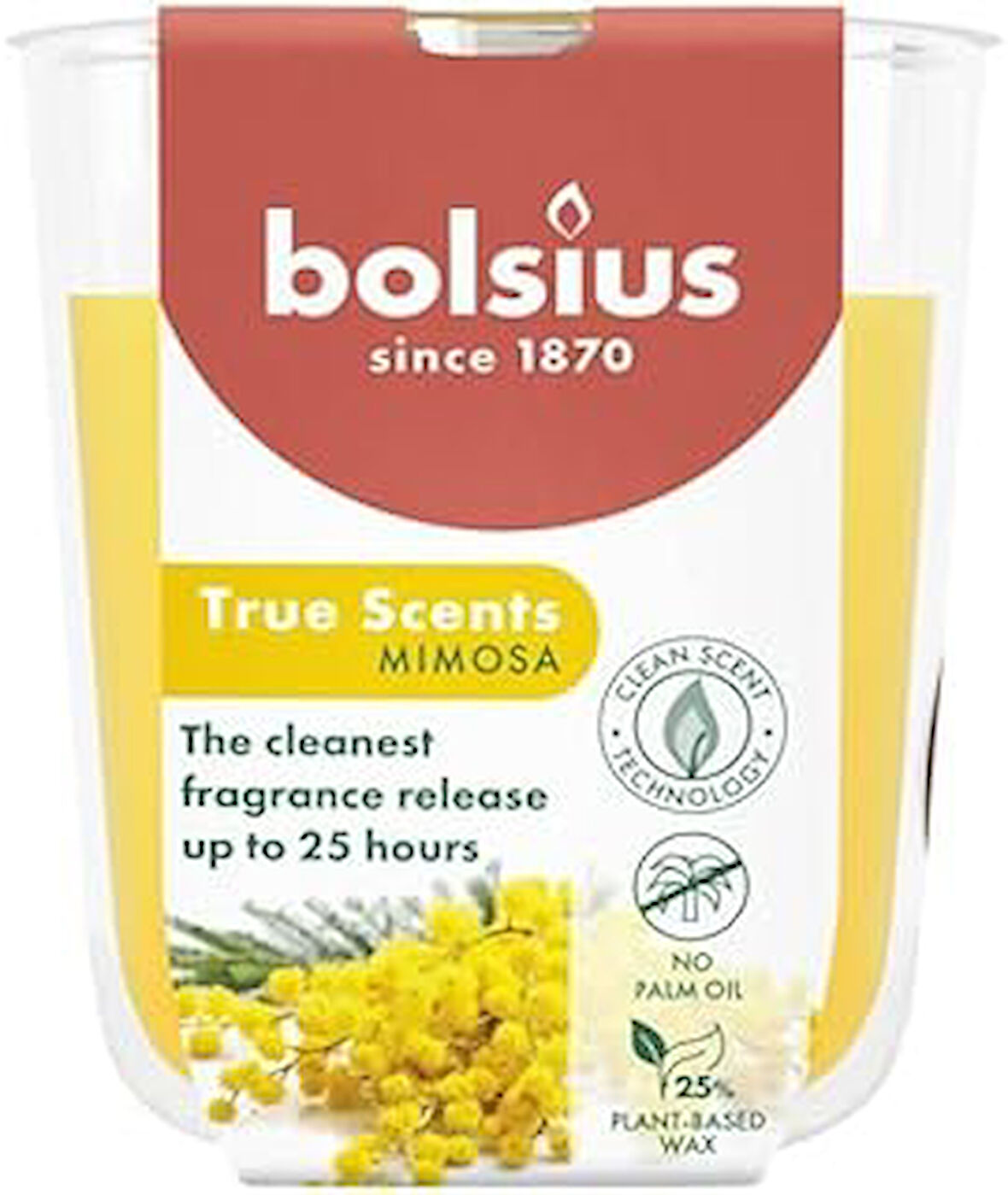 Bolsius Mimosa Kokulu Bardakta Mum - Vegan & Doğal & Saf Koku Özlü -Palmiye Yağı İçermez - 25 Saat Yanma Süresi - Sarı Renkte - 80mm/73mm