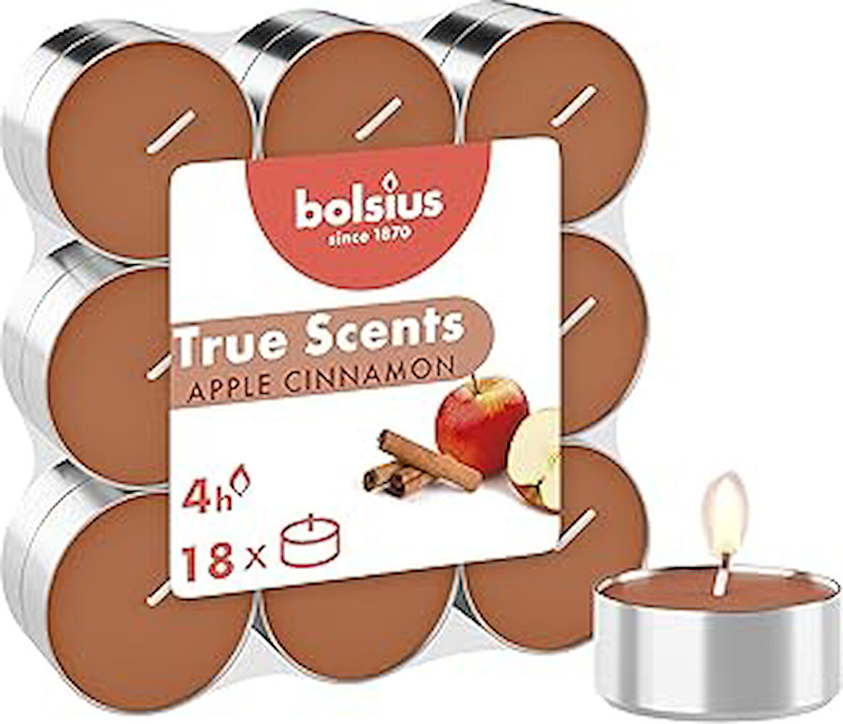 Bolsius Kokulu Tealight Mum, Tarçın Kokulu, Karamel Renkli, 18'li Paket, 4 Saatlik Uzun Yanma Süresi - Ev Mumu - İç Dekorasyon - Doğal Özler - Doğal Vegan Balmumu İçerir - Palmiye Yağı İçermez