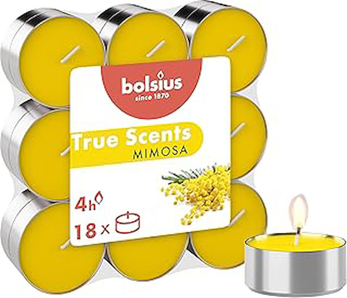 Bolsius Kokulu Tealight Mum, Mimosa Kokulu, Sarı Renkli, 18'li Paket, 4 Saatlik Uzun Yanma Süresi - Ev Mumu - İç Dekorasyon - Doğal Özler - Doğal Vegan Balmumu İçerir - Palmiye Yağı İçermez