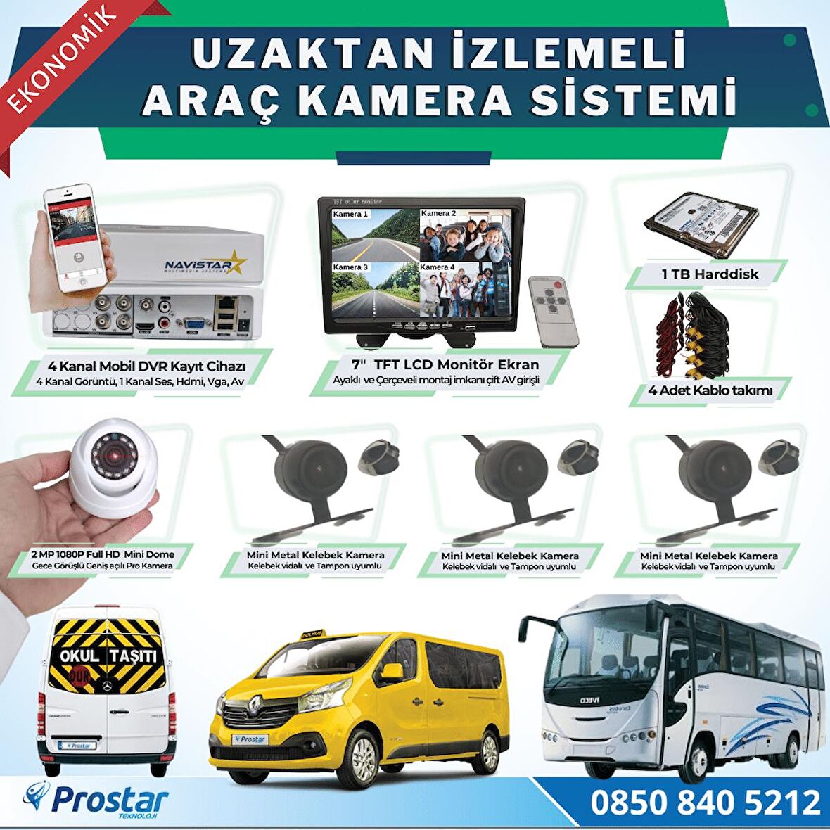 Ekonomik 4 Kameralı Kayıtlı 1 TB HDD 7 inç Ekranlı Uzaktan İzlemeli Tak Kullan Set