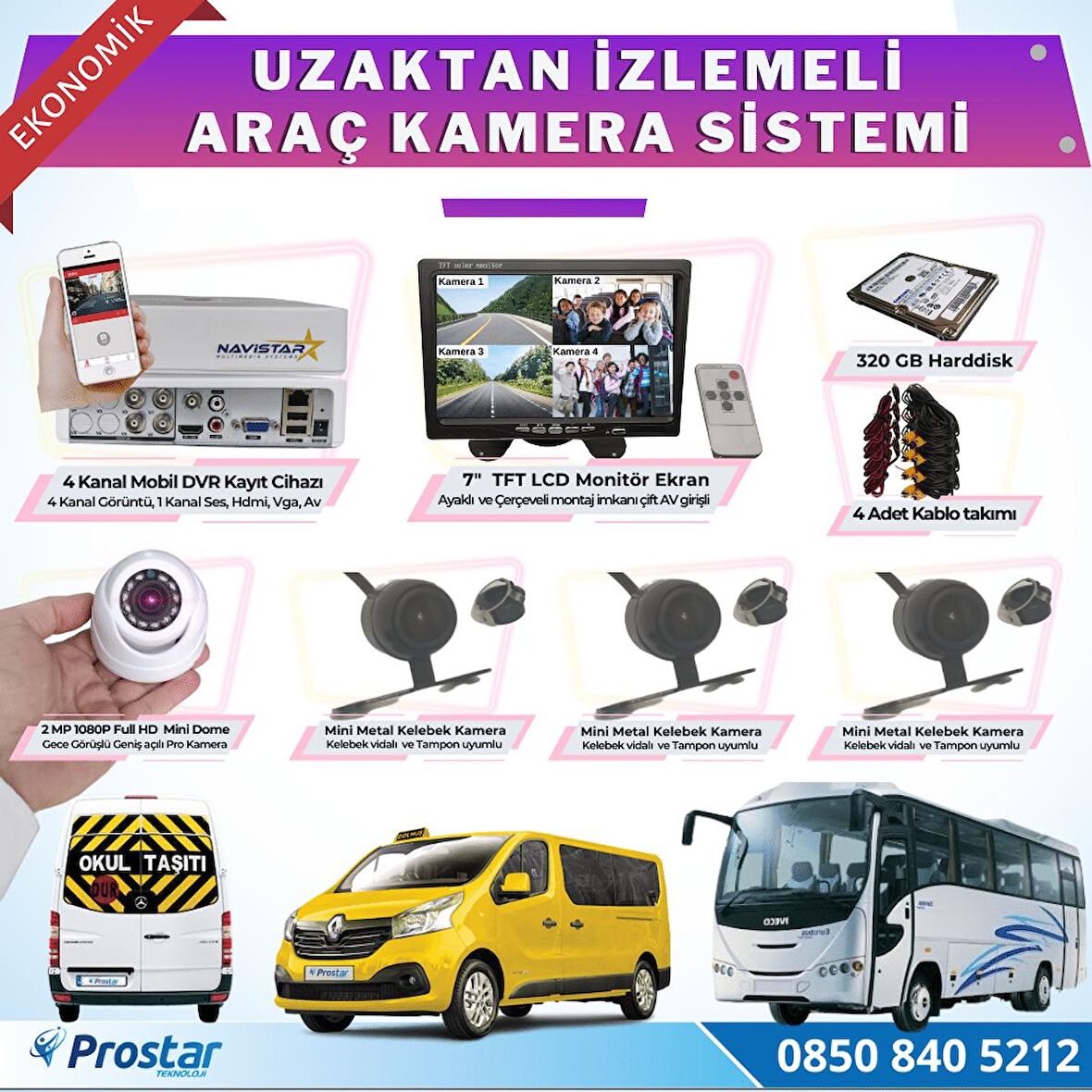 Ekonomik 4 Kameralı Kayıtlı 320 GB HDD 7 inç Ekranlı Uzaktan İzlemeli Tak Kullan Set