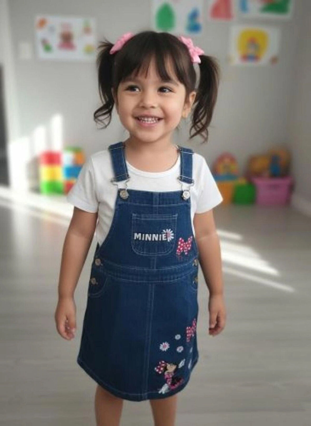 Kız çocuk baskılı mevsimlik askılı kot elbise