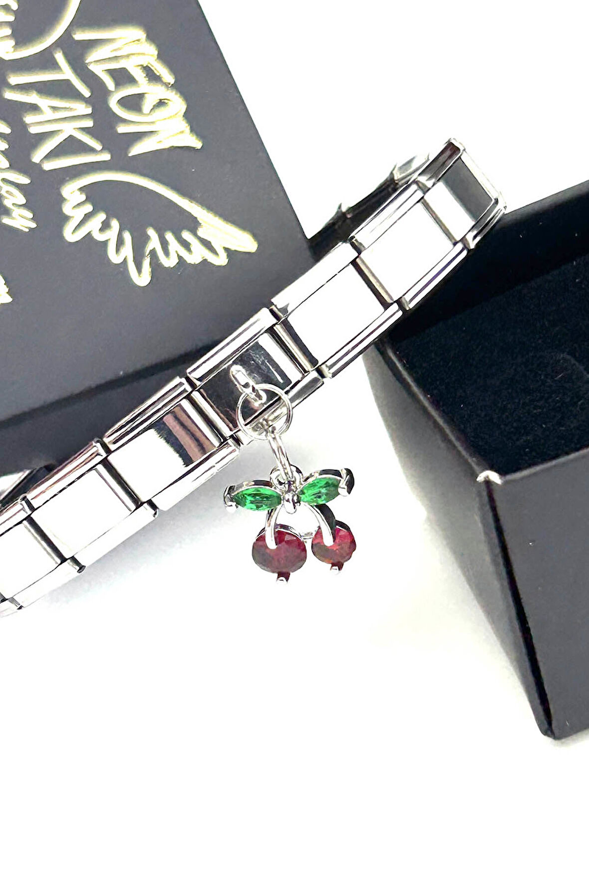 Sallantılı Kiraz, Taşlı, İtalyan Nom Bileklik için Çelik Charm 37, Gümüş Renk, BİLEKLİK DAHİL DEĞİL