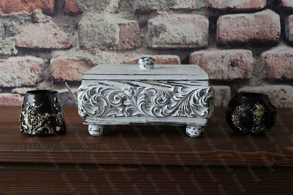 Neiwel Vintage Oniks Eskitme Beyaz Kapaklı Ahşap Kutu