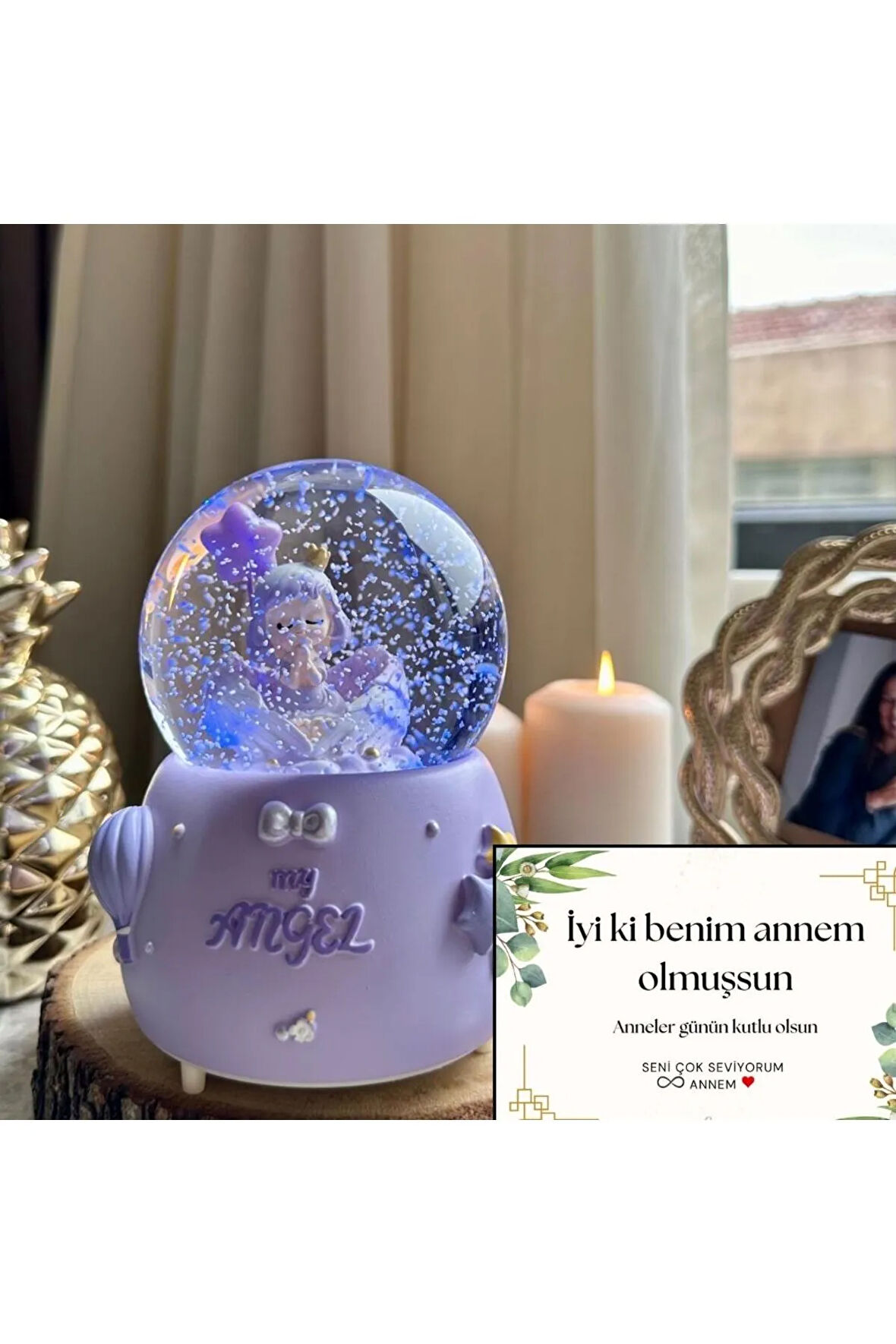 Anneler Gününe Özel Mega Boy Melek Kar Küresi Otomatik Kar Püskürtmeli Işıklı Müzikli Küre