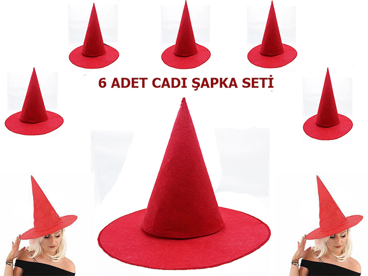 Nessiworld   Kırmızı Renk Keçe Cadı Şapkası Yetişkin Çocuk Uyumlu 6 Adet
