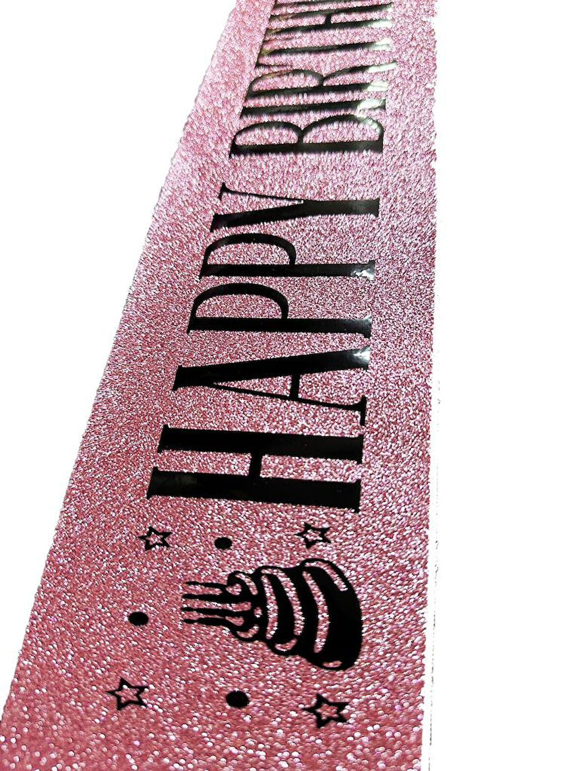 NessiWorld Pembe Üzeri Siyah Büyük Happy Birthday Yazılı Simli Işıltılı Kuşak Kemer 10 cm Genişlik