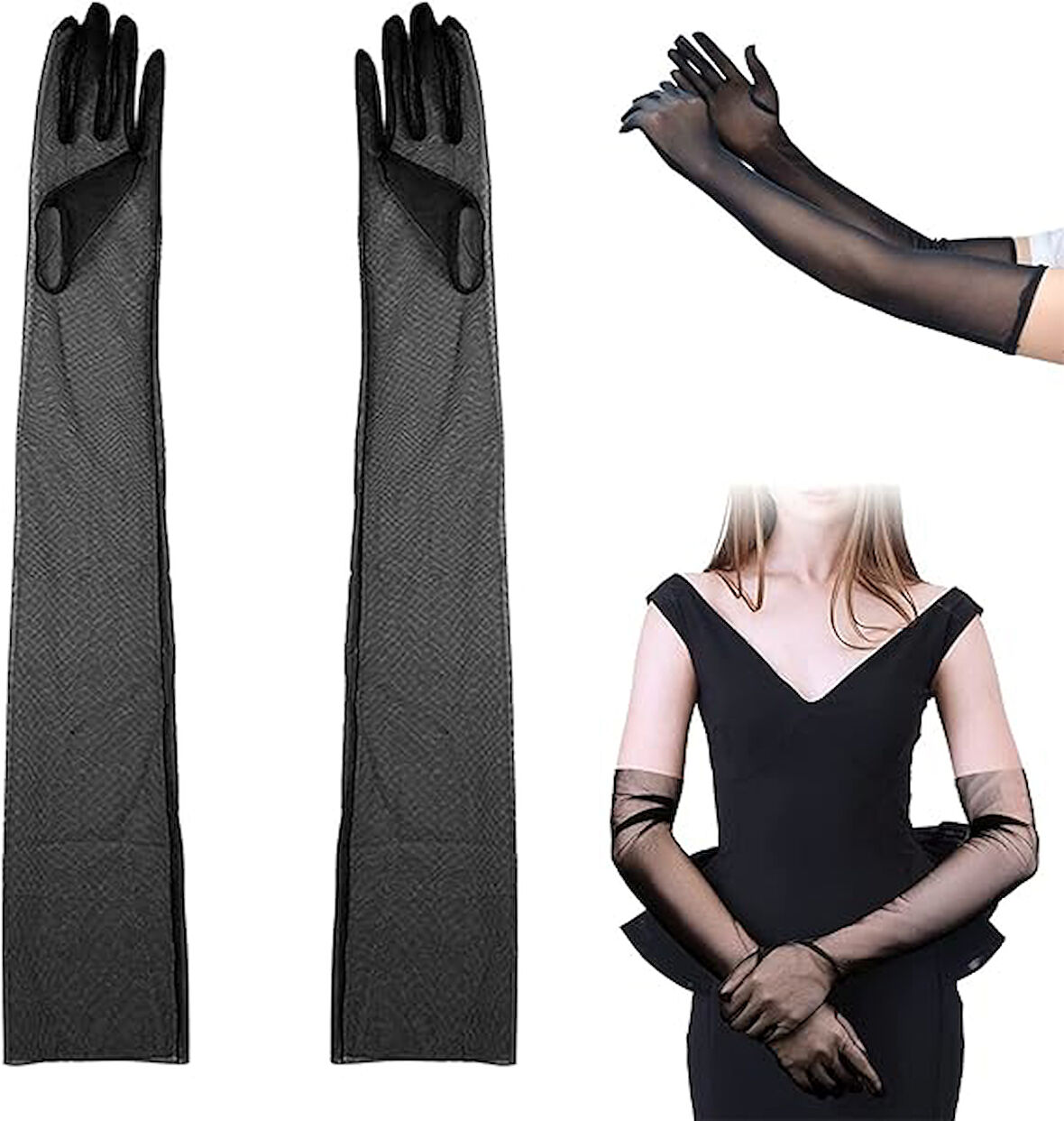 Uzun Boy Likralı Siyah Renk Yetişkin Mega Tül Eldiven 53 cm