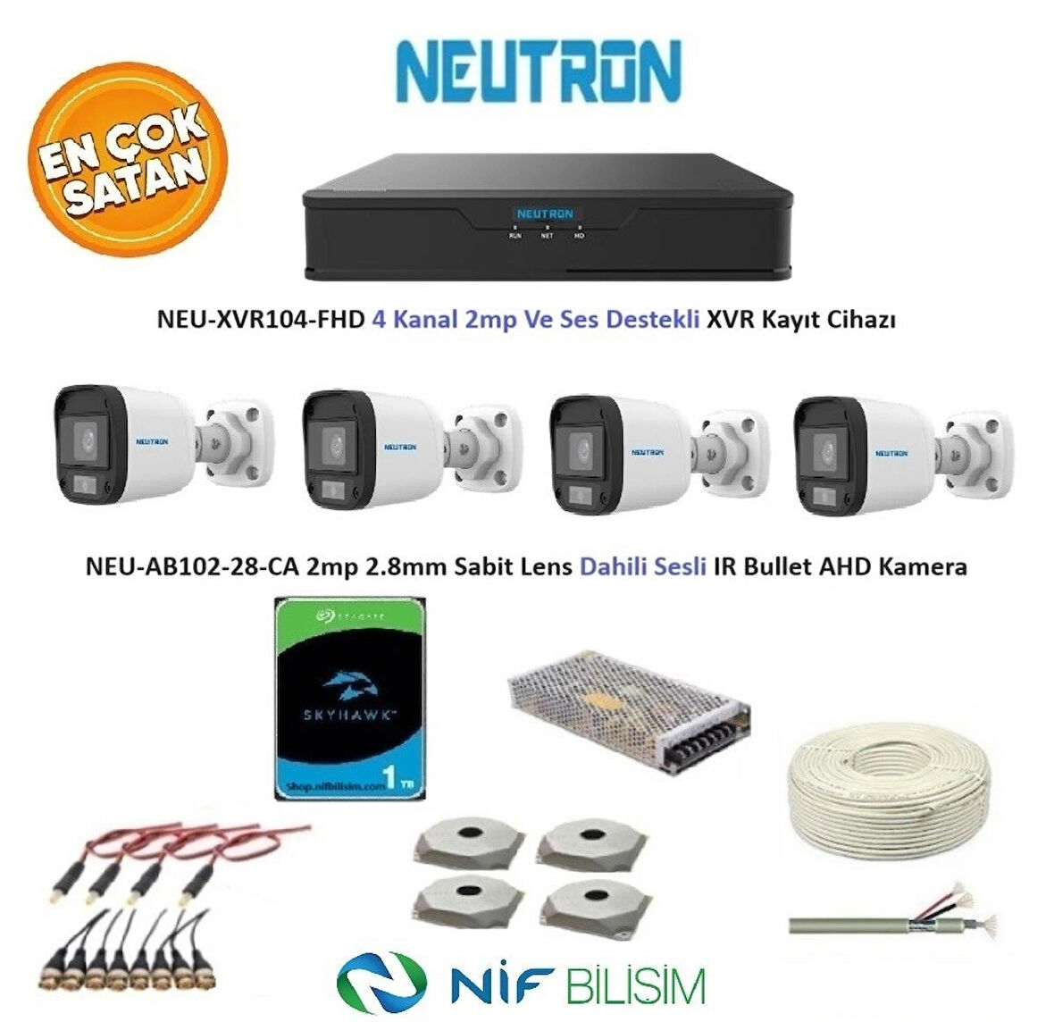 Neutron 2mp 4 kameralı Sesli Dış ortam AHD Full Kamera Seti 1TB Disk NEU-XVR104-FHD NEU-AB102-28-CA