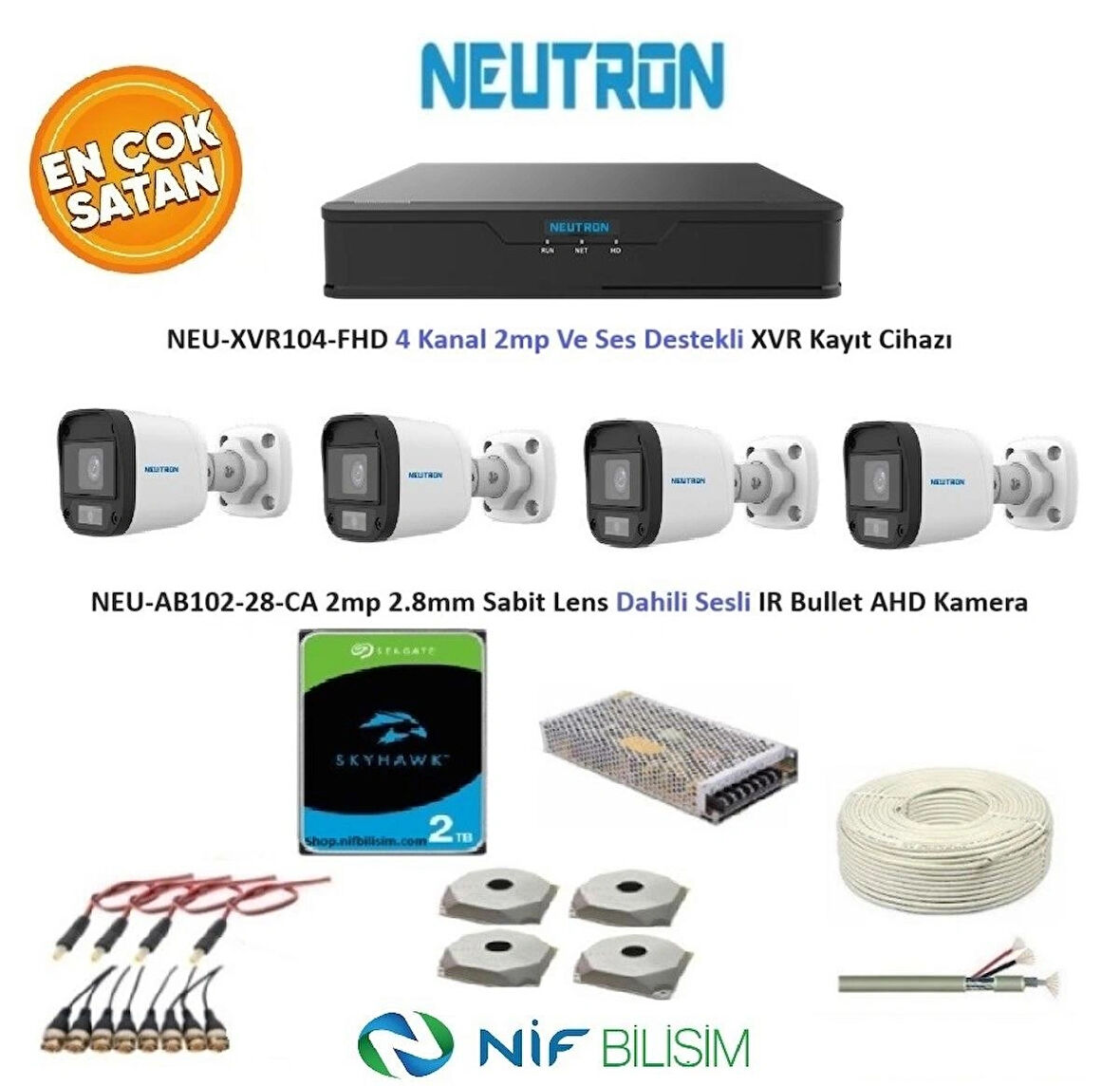 Neutron 2mp 4 kameralı Sesli Dış ortam AHD Full Kamera Seti 2TB Disk NEU-XVR104-FHD NEU-AB102-28-CA