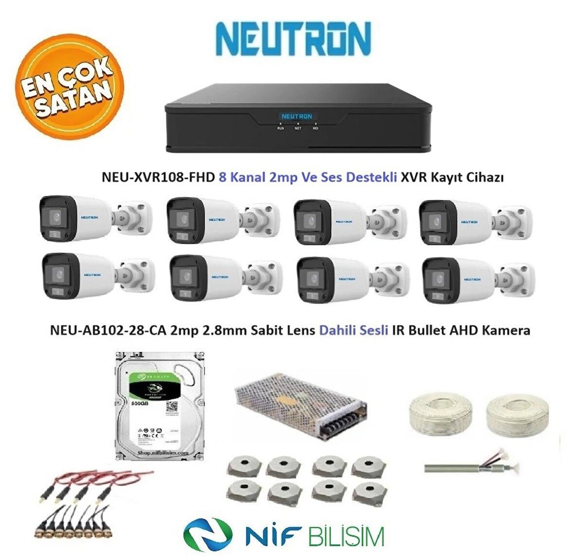 Neutron 2mp 8 kameralı Sesli Dış ortam AHD Full Kamera Seti 500GB Disk NEU-XVR108-FHD NEU-AB102-28-CA