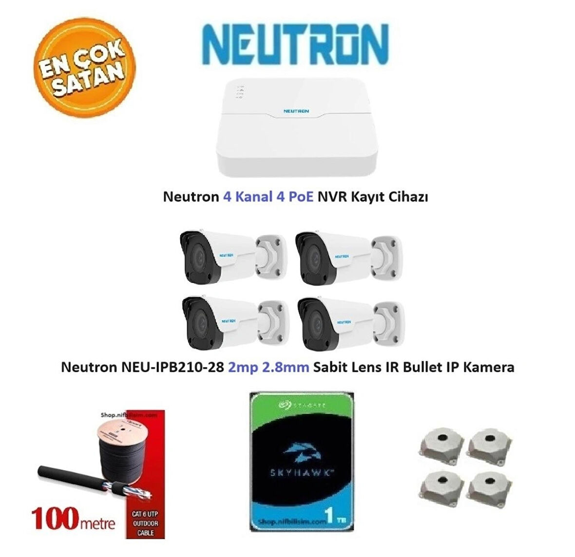 Neutron 2mp 4 Kameralı 1TB Disk Tak Çalıştır Hazır IP Kamera Seti NEU-IPB210-28