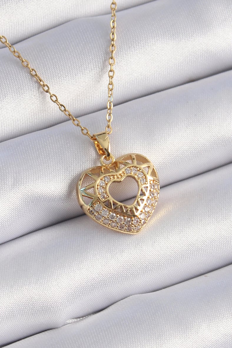 Nevamel® 316L Çelik Gold Renk Zirkon Taşlı Kalp Model Vintage Kadın Kolye 5886