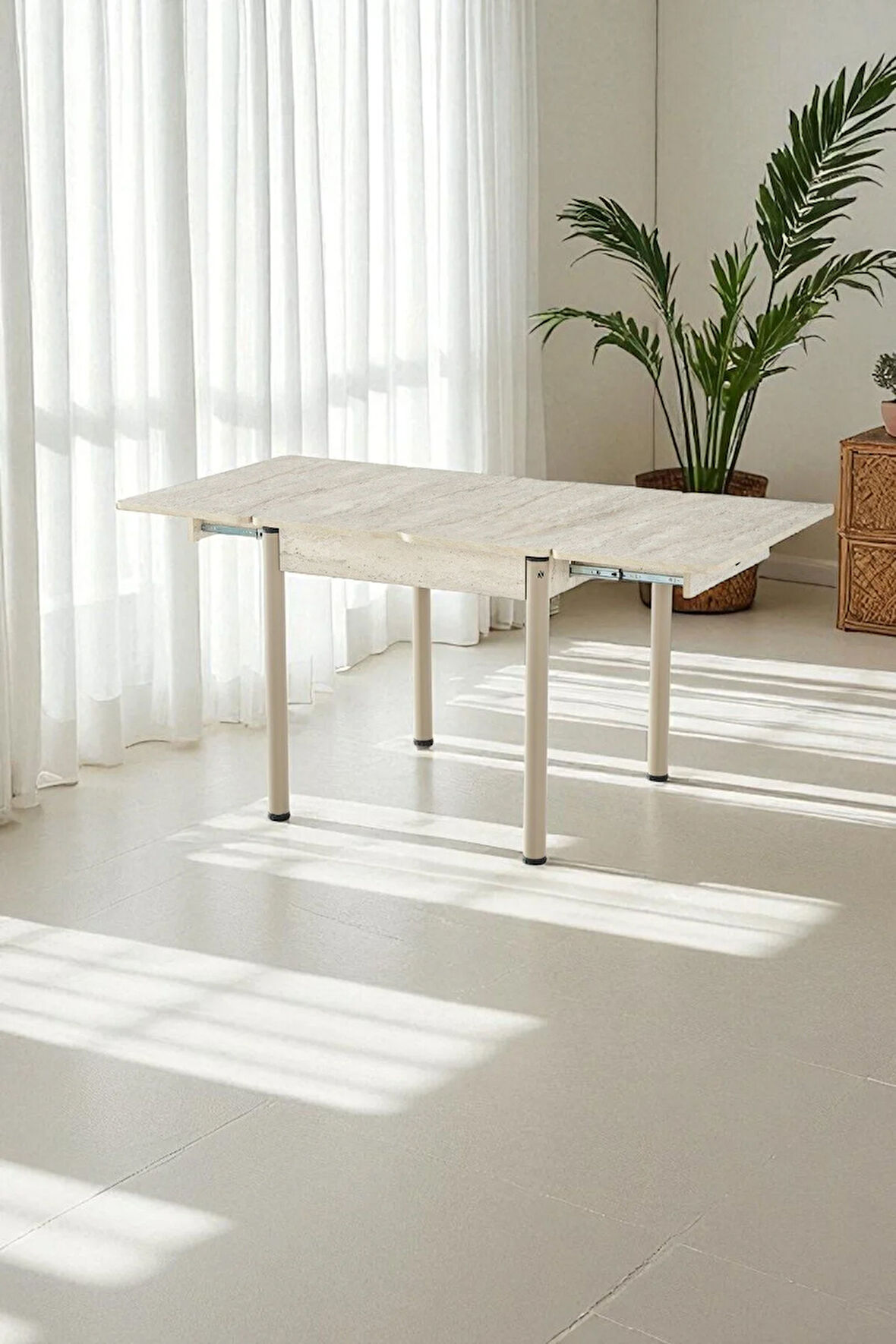 Neva Açılır Kapanır Mutfak Masası – Traverten Desen, Kapuçino Ayak, 80x80/160 cm