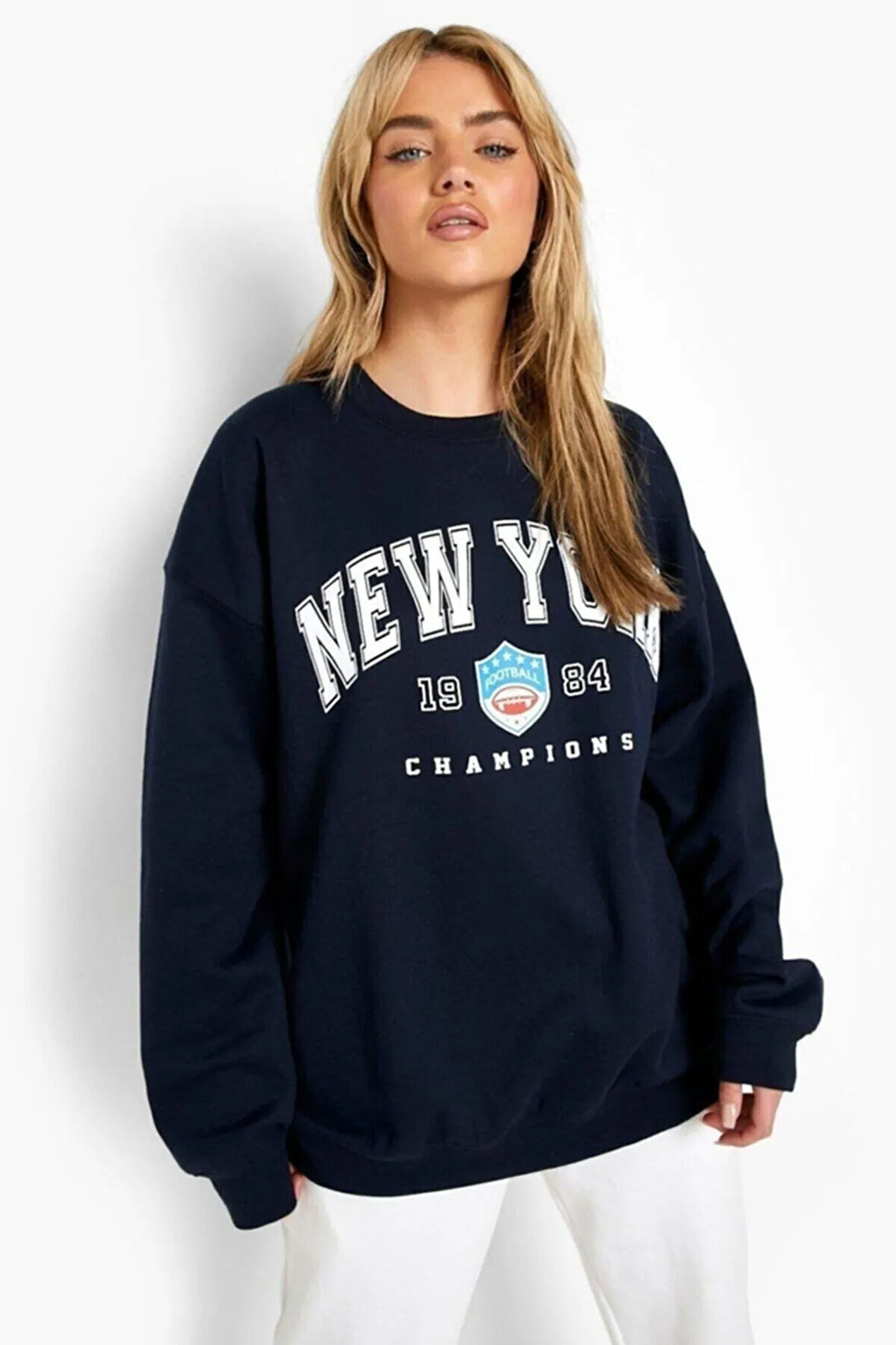 Kadın Lacivert New York Baskılı Oversize Sweatshirt