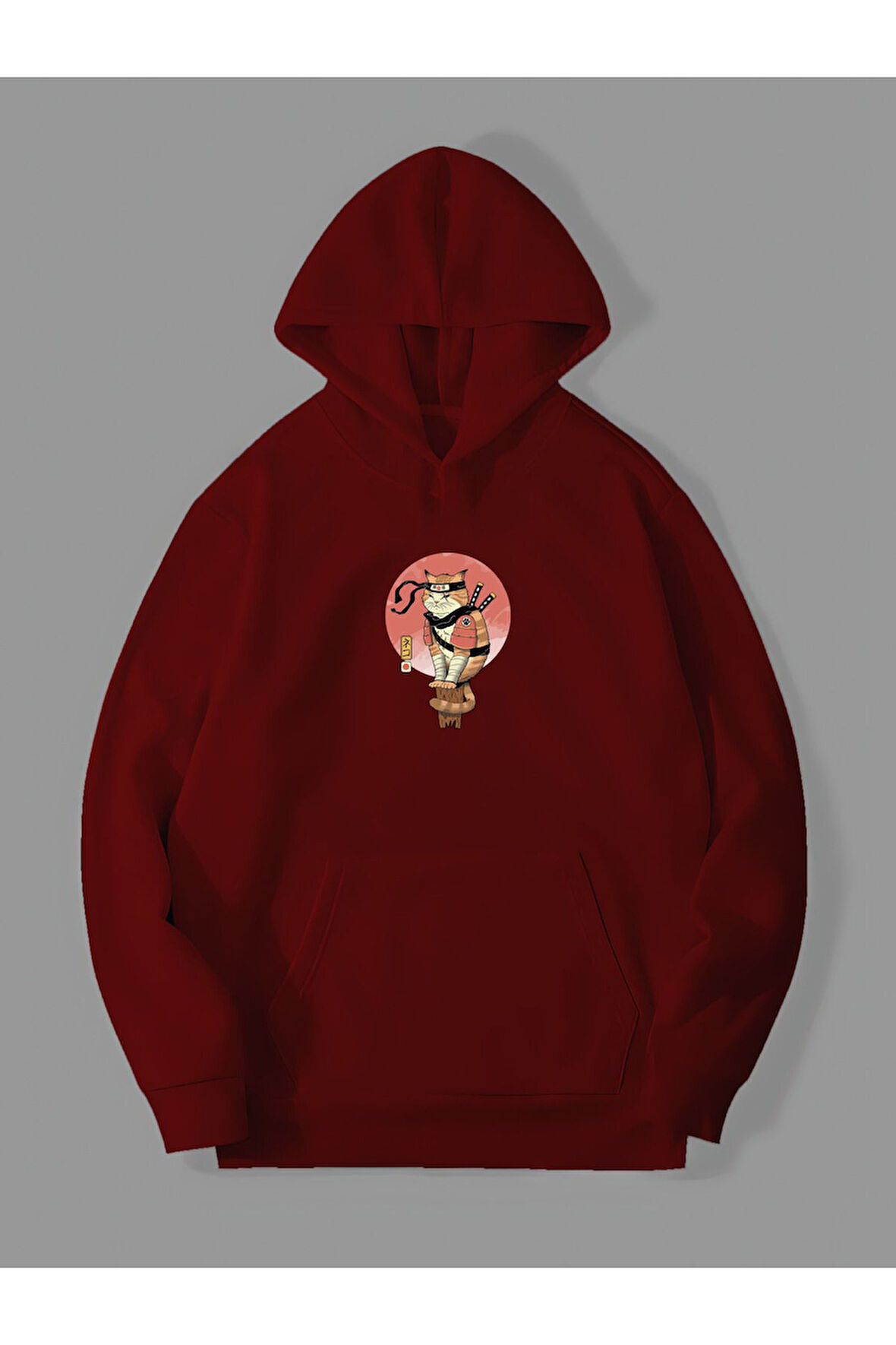 Üç İplik Ninja Kedi Baskılı Unisex Kırmızı Kanguru Cepli Kapüşonlu Sweatshirt Hoodie | L