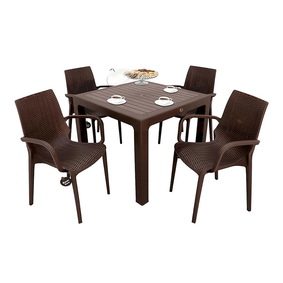 Mandella Elit Rattan 90x90 Nirvana Koltuk Camlı Masa Takımı Kahverengi