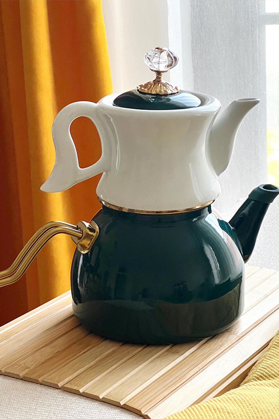 Nishev.com Evini Sev Dufy Serisi Porselen Demlikli Emaye Çaydanlık Takımı - Yeşil