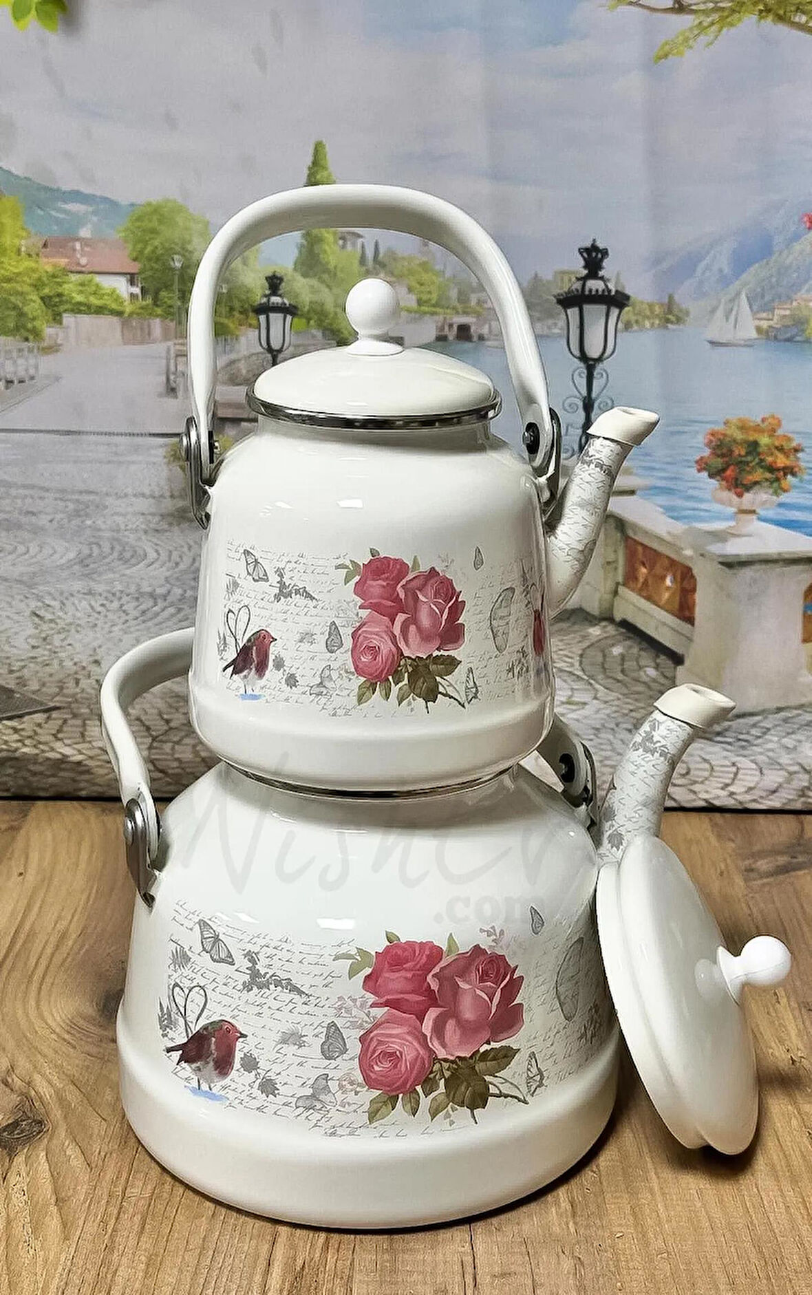 Nishev Italyan Lüks Emaye Çaydanlık Takımı Pembe