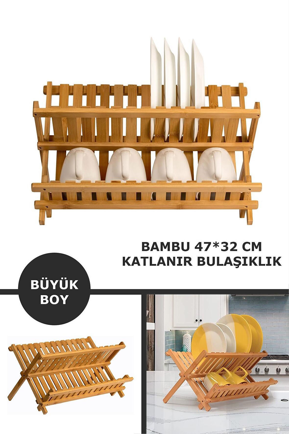 Nishev 2 Katlı Bambu Katlanabilir Tabaklık Bulaşıklık Büyük Boy Mutfak Bulaşık Kurutma Rafı 47x32 cm