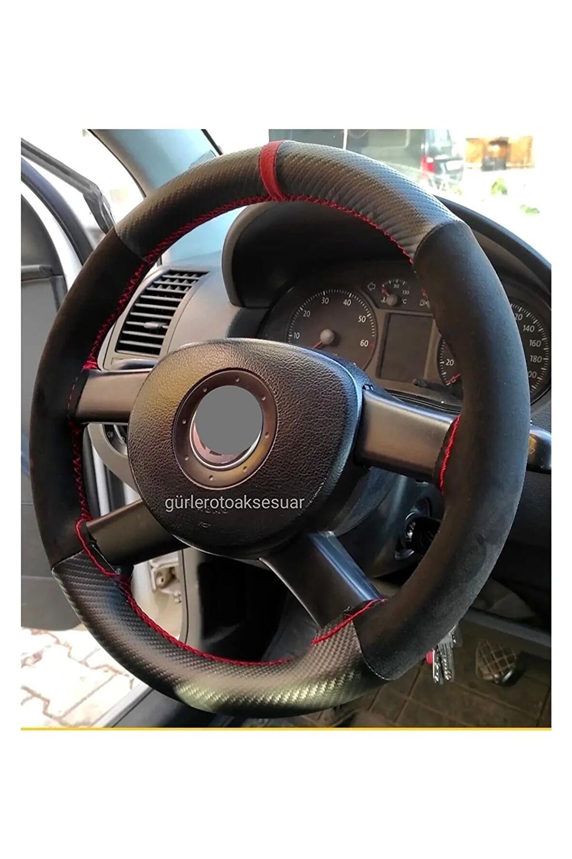 Vw Polo Uyumlu Dikmeli Direksiyon Kılıfı Alkantara-karbon Kırmızı Yüzüklü