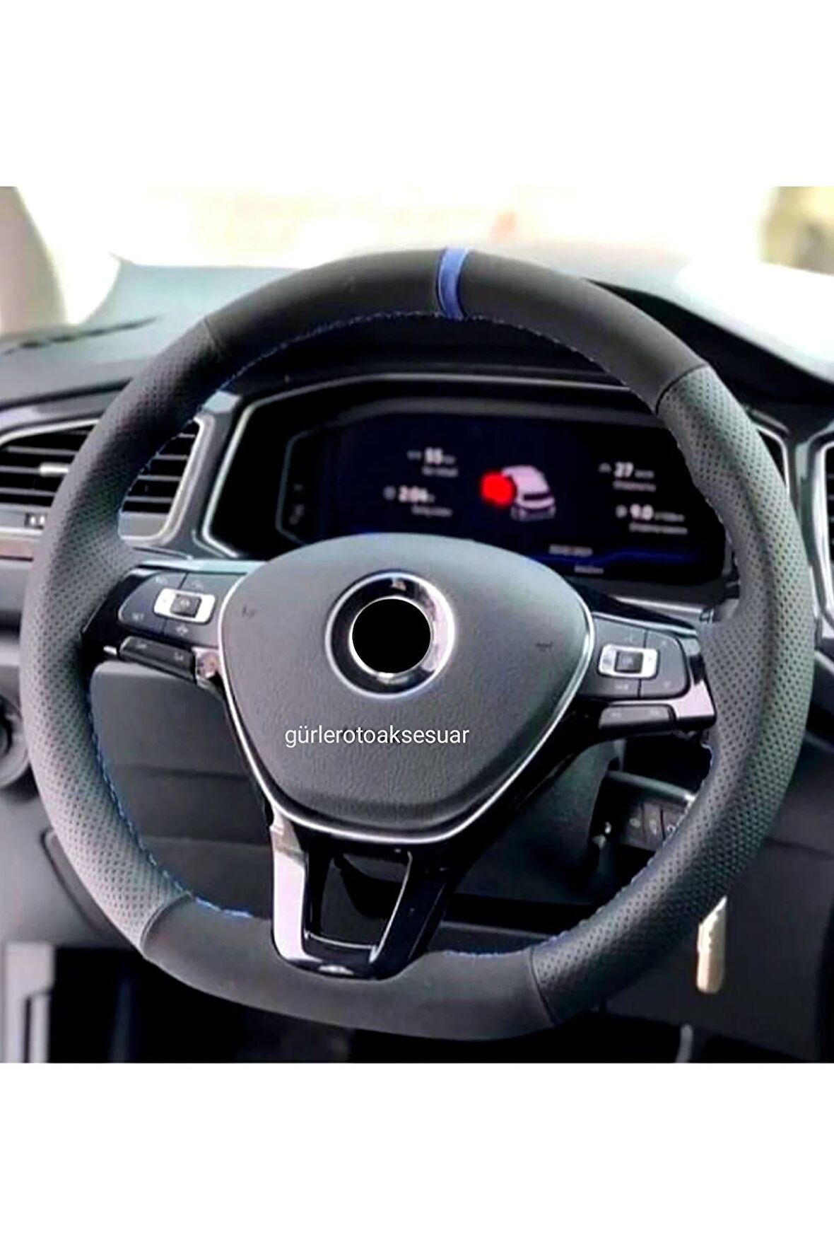 Vw Passat B7-b8 Uyumlu Deri Dikmeli Direksiyon Kılıfı Noktalı-karbon Mavi Yüzüklü