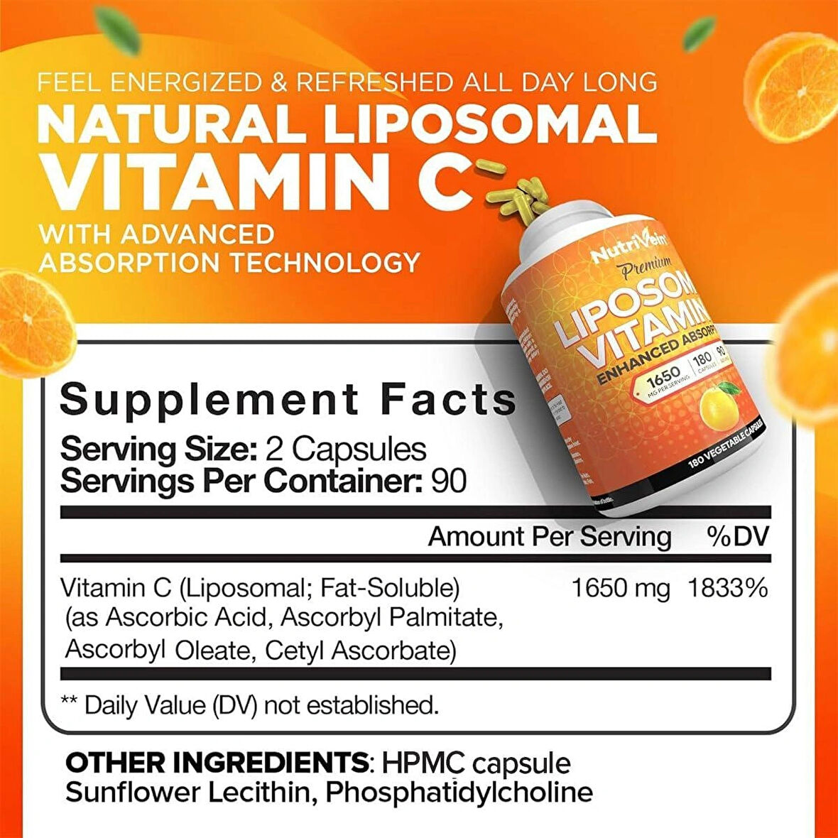 Nutrivein Liposomal Vitamin C 1650mg Defenses & Overall Well-Being- 180 Caps