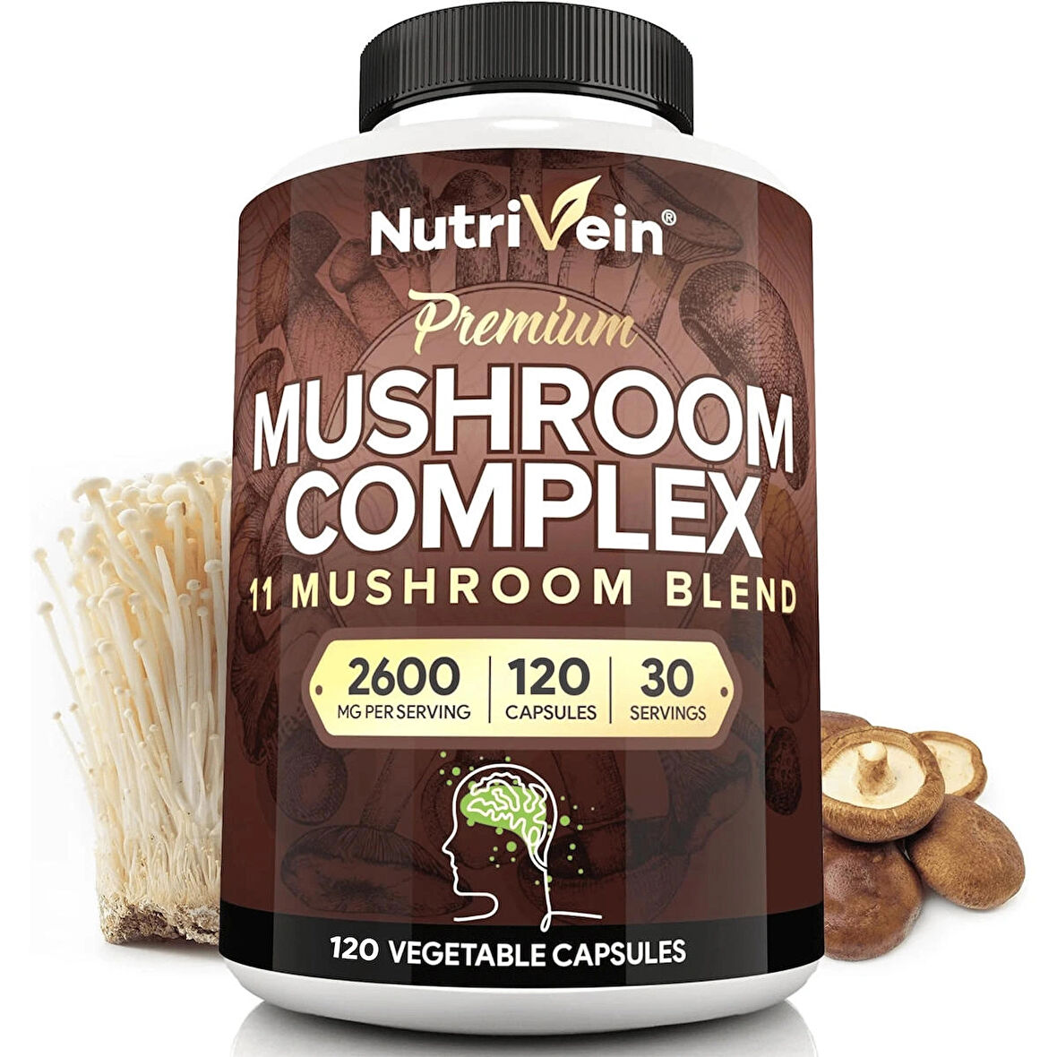 Nutrivein Mushroom Nootropic Mushroom Complex Lion's Mane Cordyceps Chaga Reishi Turkey Tail,Maitake