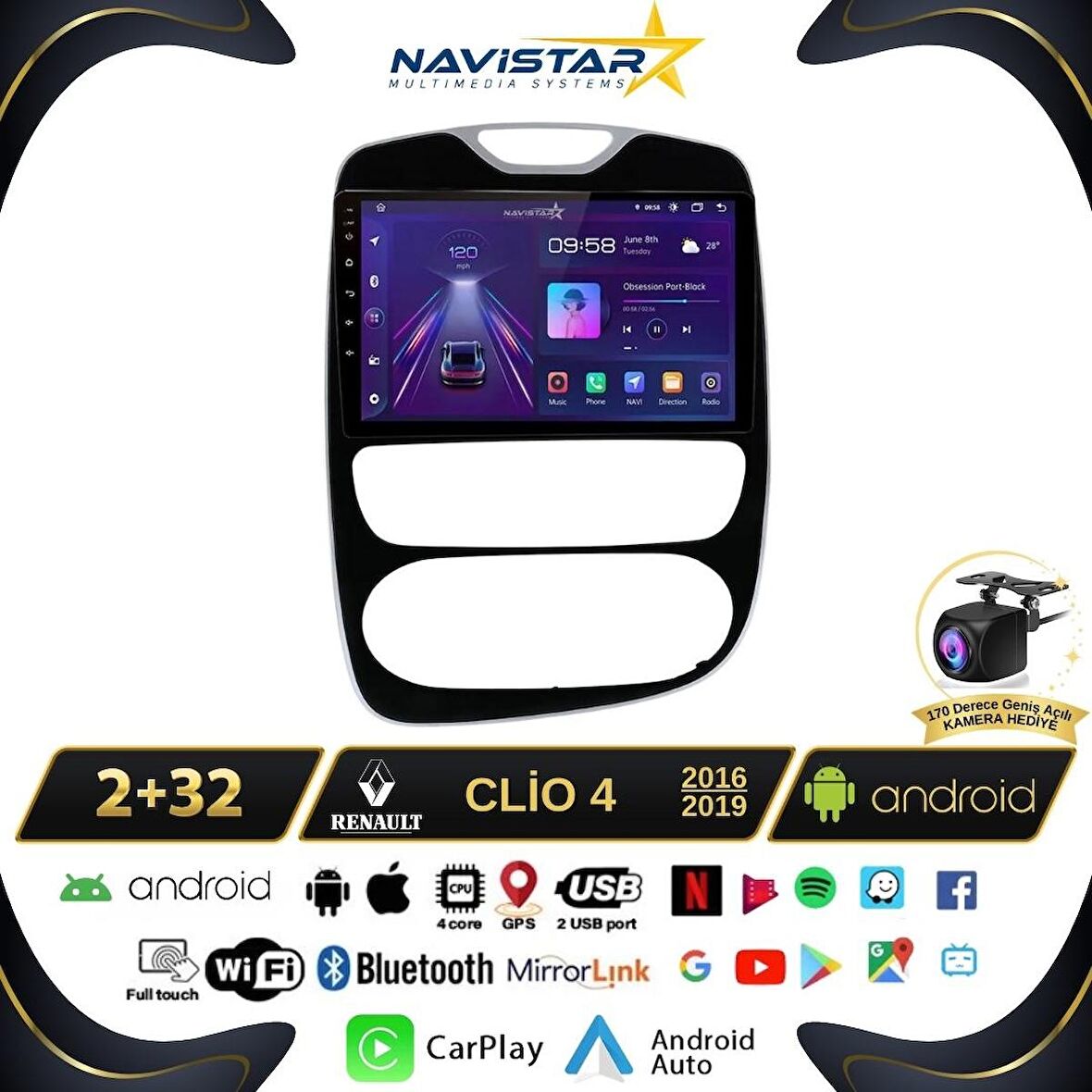 Renault Clio 4 Kablosuz Carplay 2+32GB Android 13 Navigasyon Multimedya Sistemi 2016-2019 