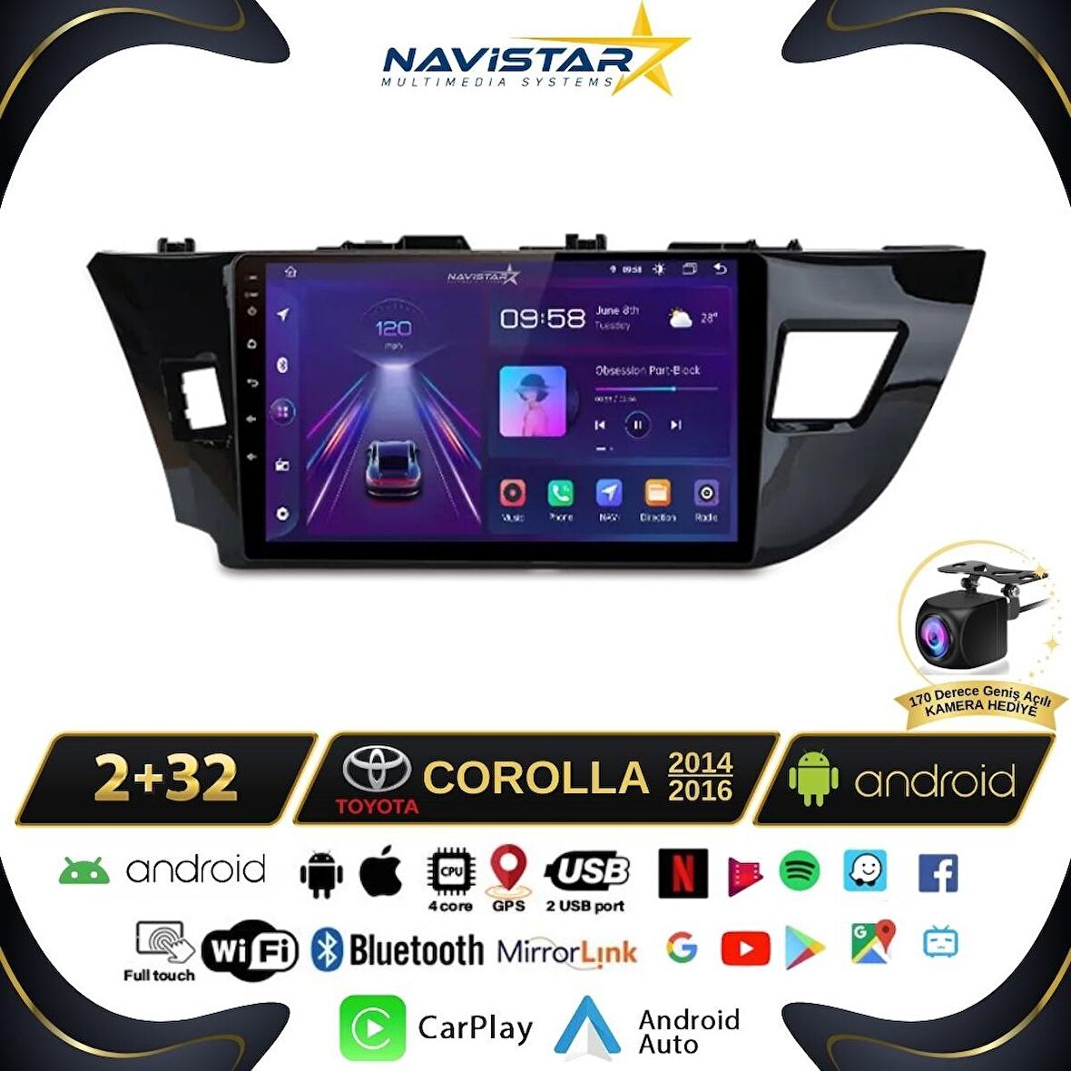 Toyota Corolla 2+32GB Kablosuz Carplay 2014-2016 Android 13 Navigasyon Multimedya Sistemi