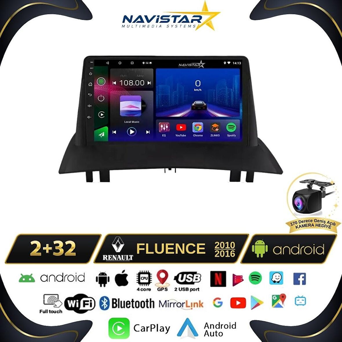 Fluence Kablosuz Carplay 2+32GB Android 13 Navigasyon Multimedya Sistemi