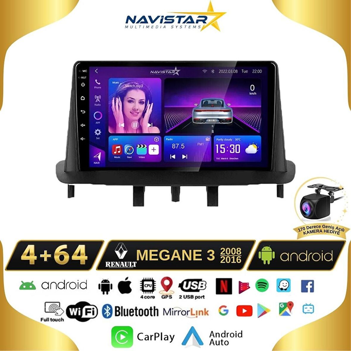 Megane 3 Kablosuz Carplay 4+64 GB Android 13 Navigasyon Multimedya Sistemi