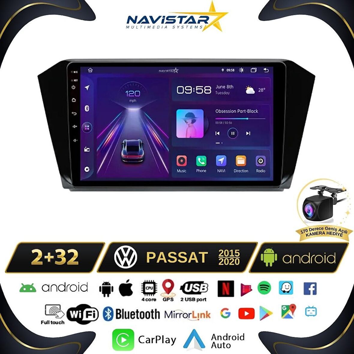Passat B8 10 inç 2+32GB Kablosuz Carplay Android 13 Navigasyon Multimedya Sistemi