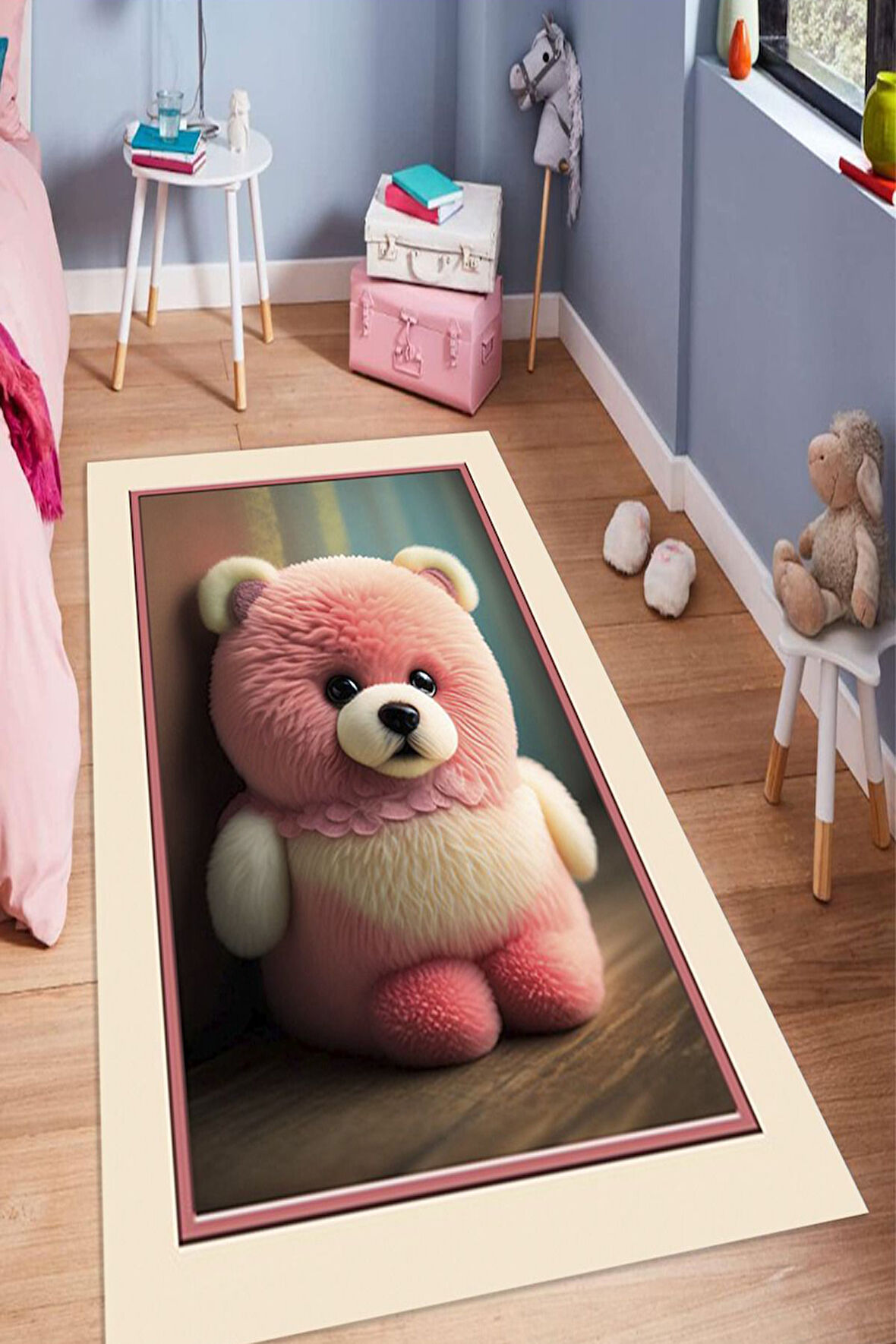 Pembe-Krem Pvc Deri Kaymaz Taban Pembe Peluş Ayıcık Baskılı Pvc Çocuk Halı O-1789