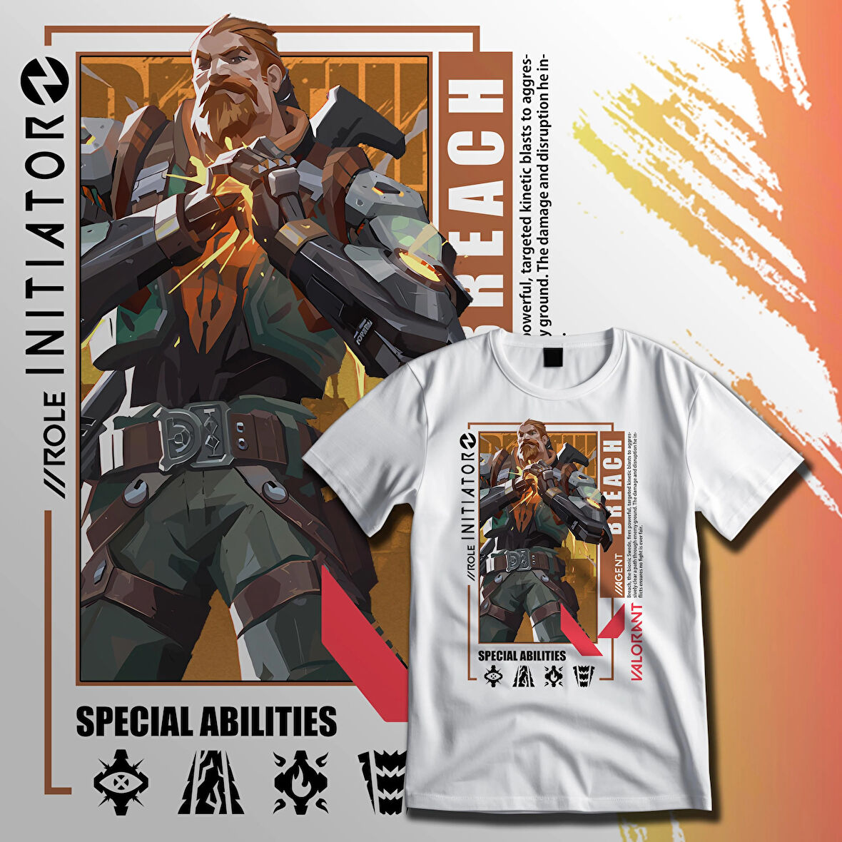 Valorant BREACH Ajan Kadın Erkek Unisex Beyaz Baskılı T-Shirt Penye Yüksek Kalite