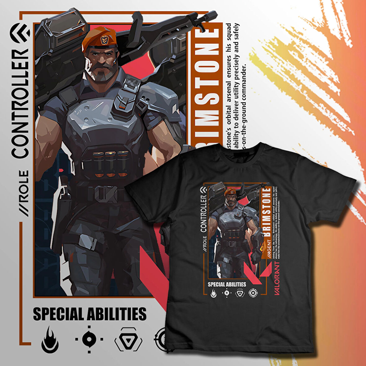 Valorant BRIMSTONE Ajan Kadın Erkek Unisex Siyah Baskılı T-Shirt Penye Yüksek Kalite