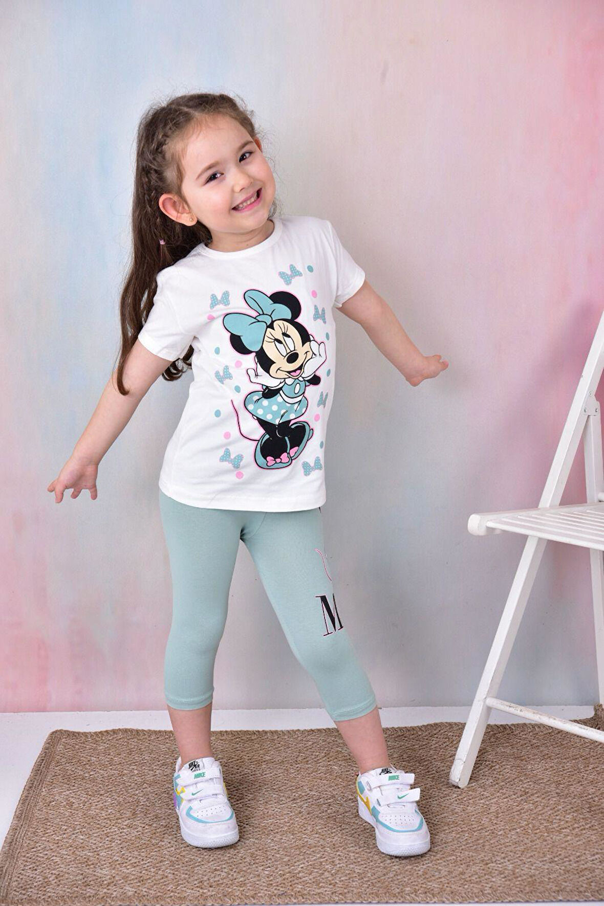 Minnie Baskılı Yazlık Kız Çocuk Taytlı Alt Üst Takım