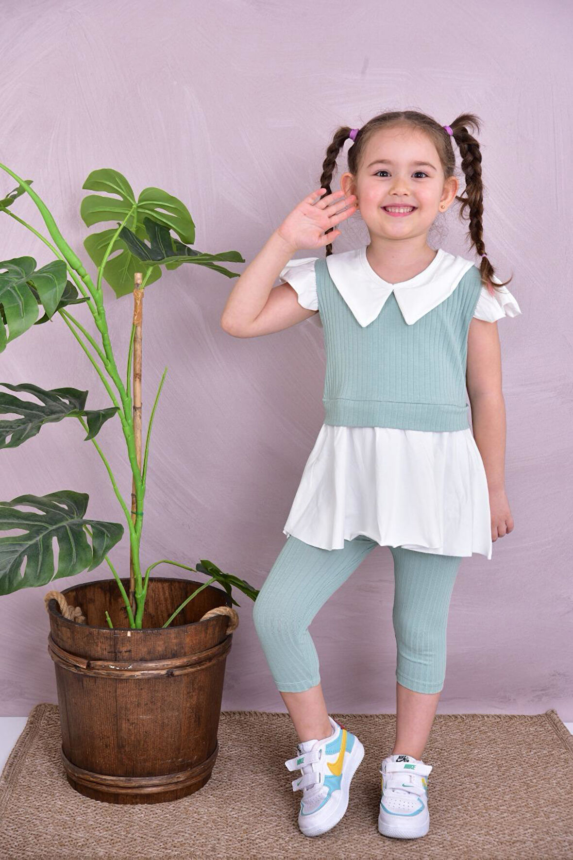 Bebe Yaka Yazlık Kız Çocuk Taytlı Alt Üst Takım