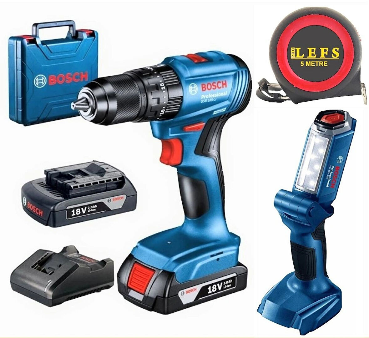 Gsb 185 Li Darbeli Çift Bataryalı Matkap Vidalama ve Bosch Glı 18 V-300 Şarjlı El Feneri