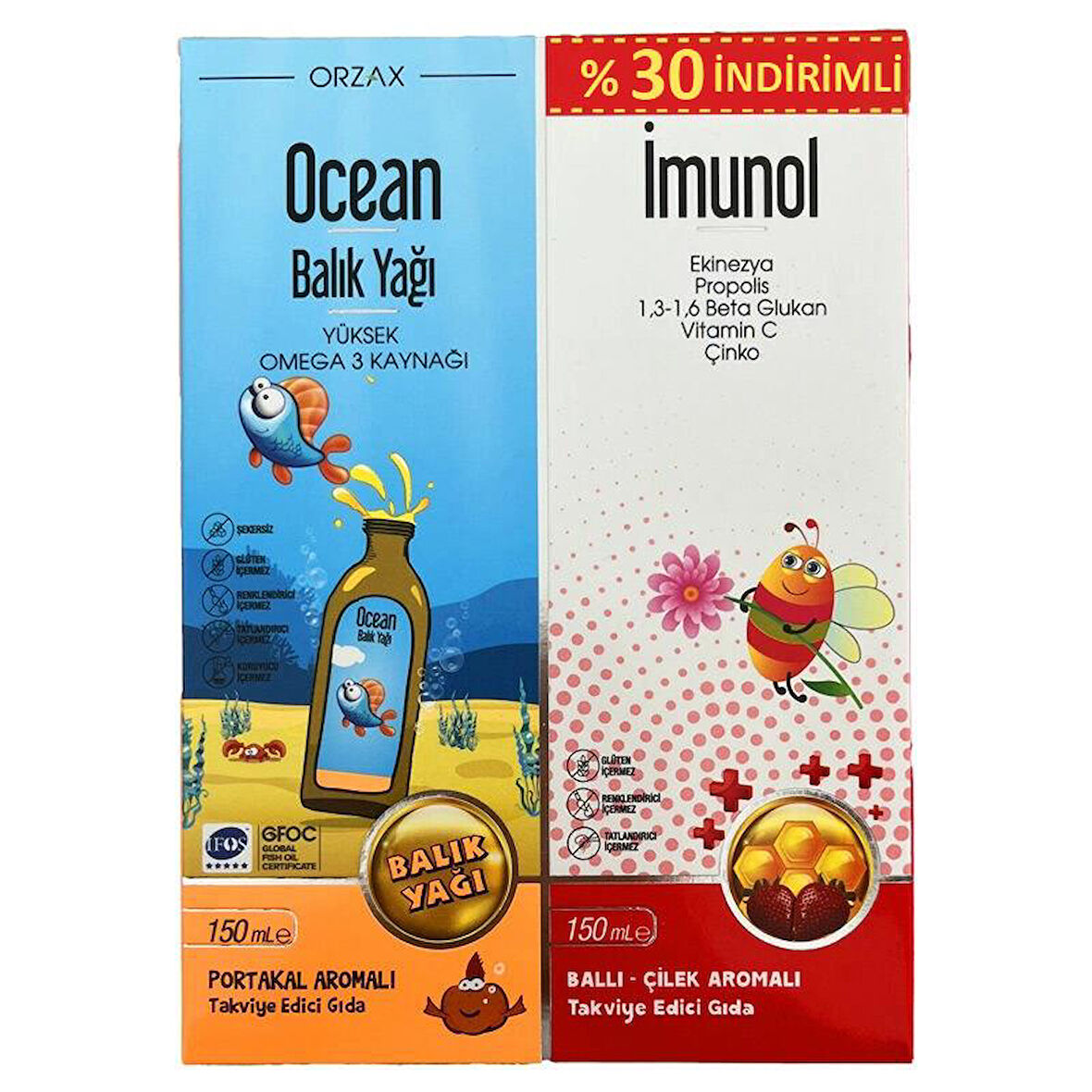 Ocean Portakal Balık Yağı 150 Ml + İmunol 150 Ml Şurup %30 İndirimli