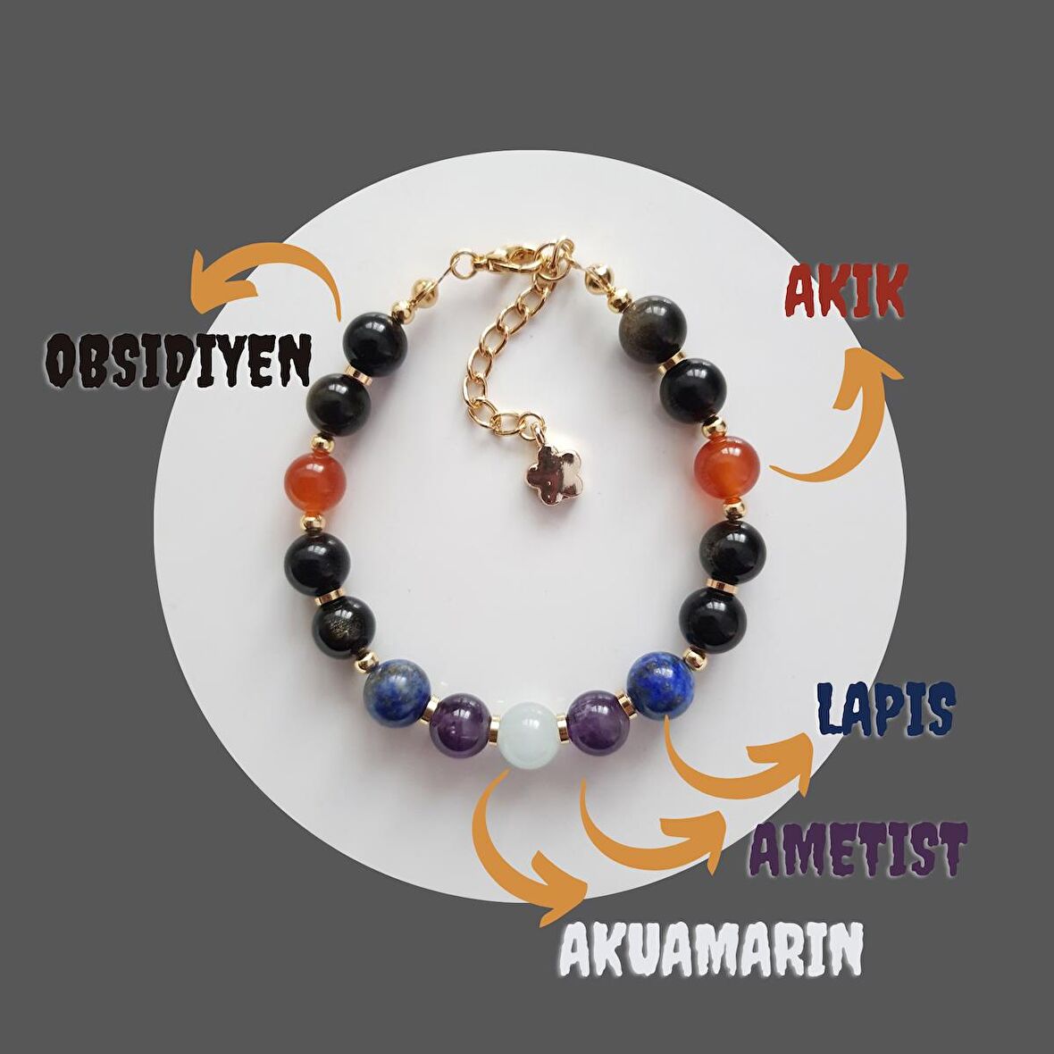Artaril Olumlu Düşünce Doğal Taş Ayarlanabilir Bileklik Obsidiyen Akik Lapis Akuamarin Ametist 8mm