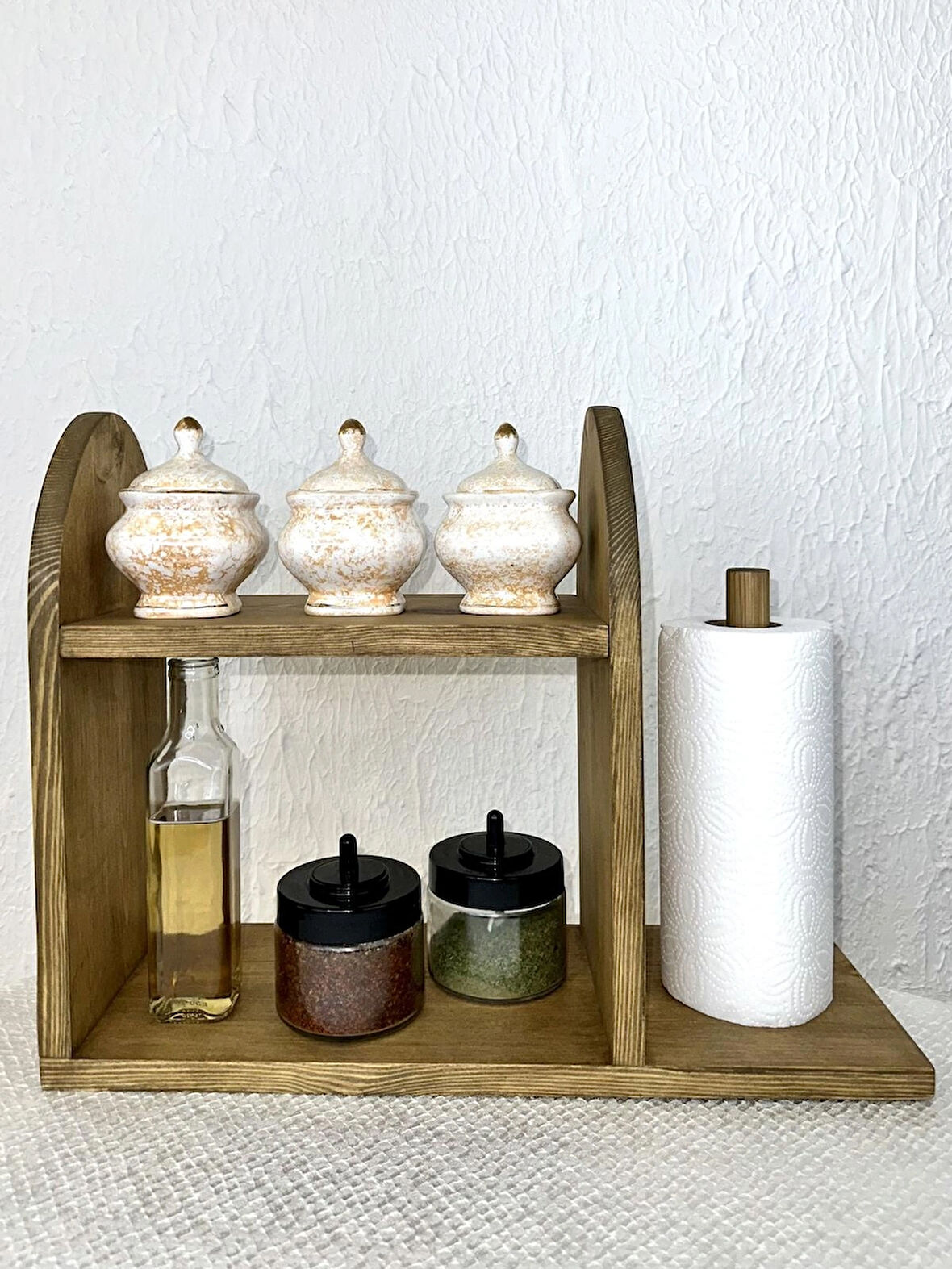 O&a Wood Doğal Ahşap Mutfak-Banyo Rafı Tezgah Üstü Düzenleyici Baharatlık Organizer Raf Koyu Meşe