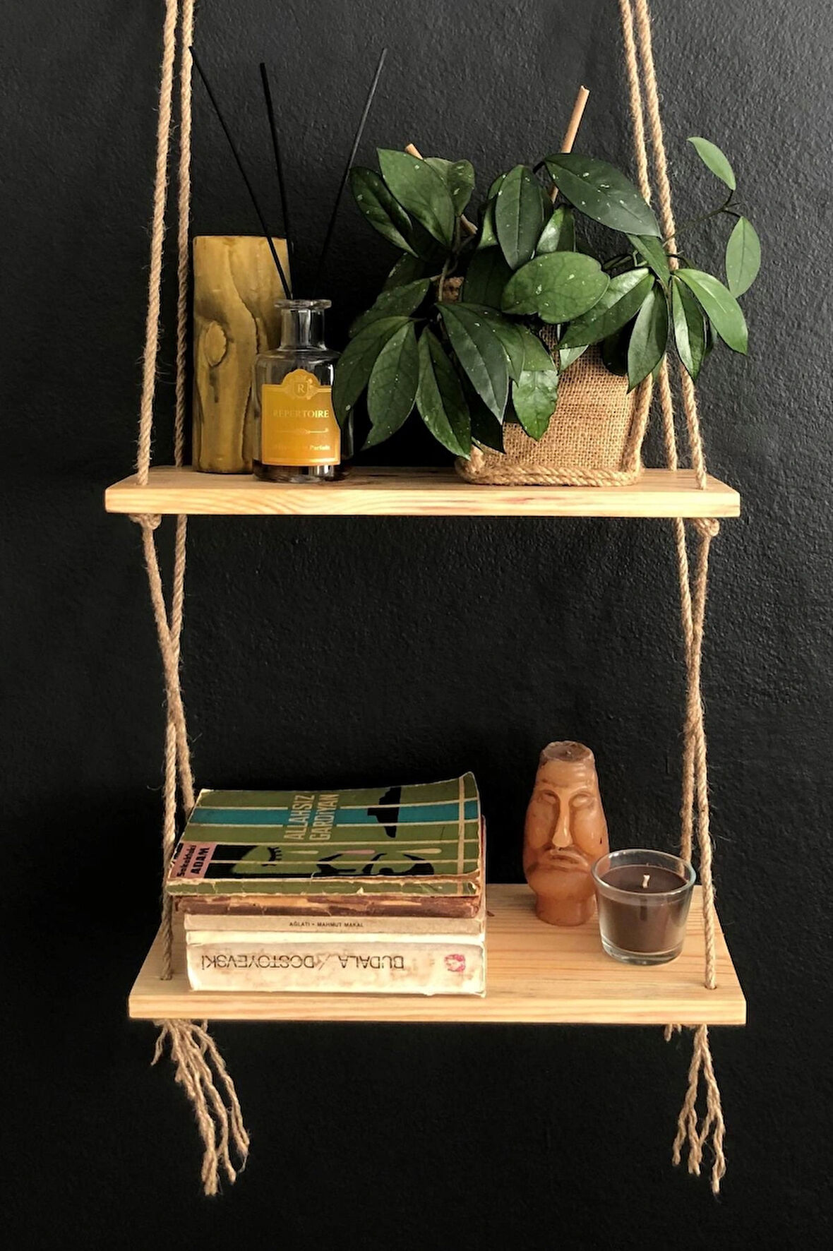 O&A Wood 2 Katlı Ahşap Çiçeklik, Halatlı Doğal Ahşap Dekoratif Duvar Rafı, Retro Hasır Renksiz Vernikli Raf