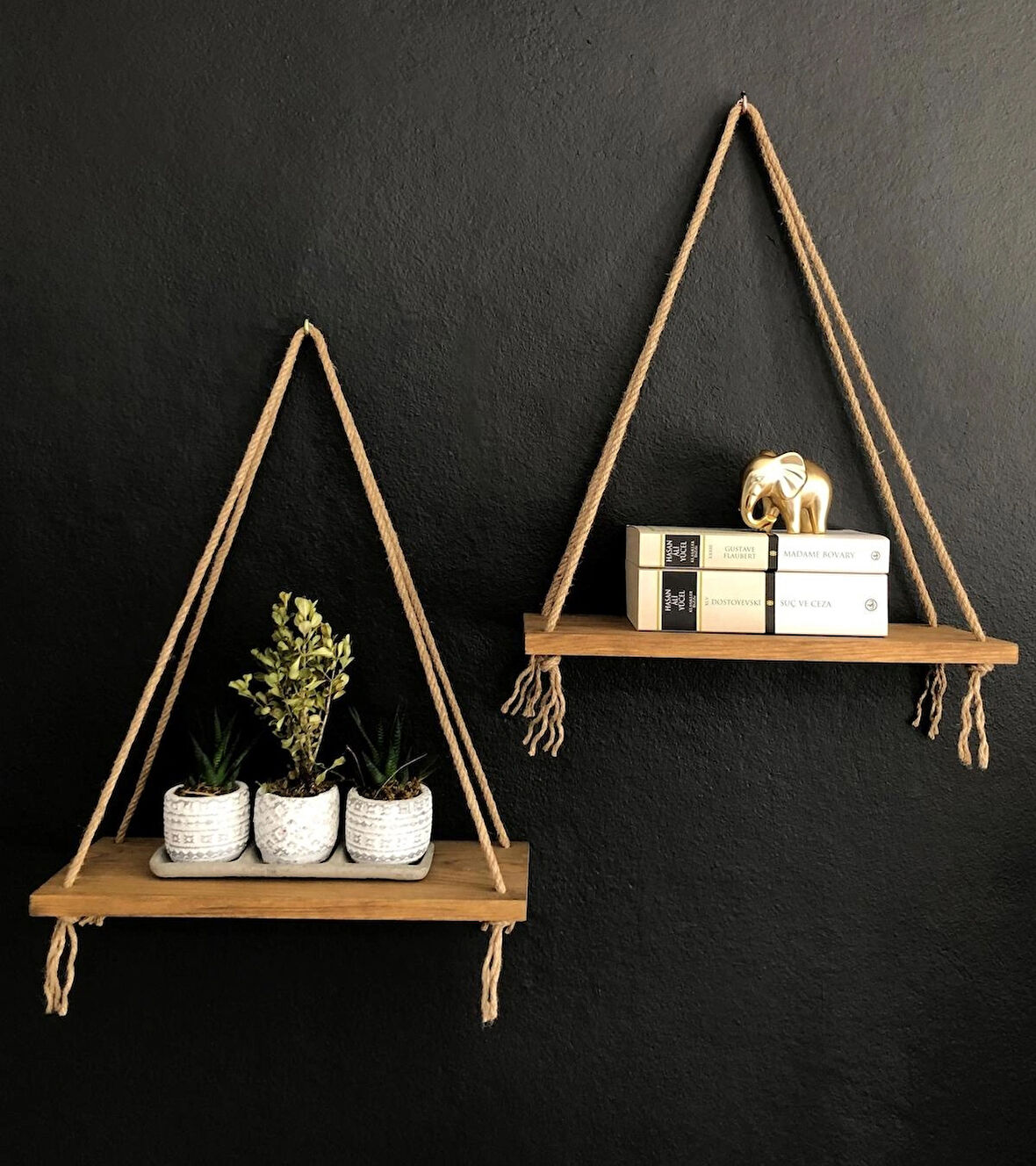 O&A Wood 2'li Halatlı Doğal Ahşap Raf, Dekoratif Duvar Rafı, Meşe