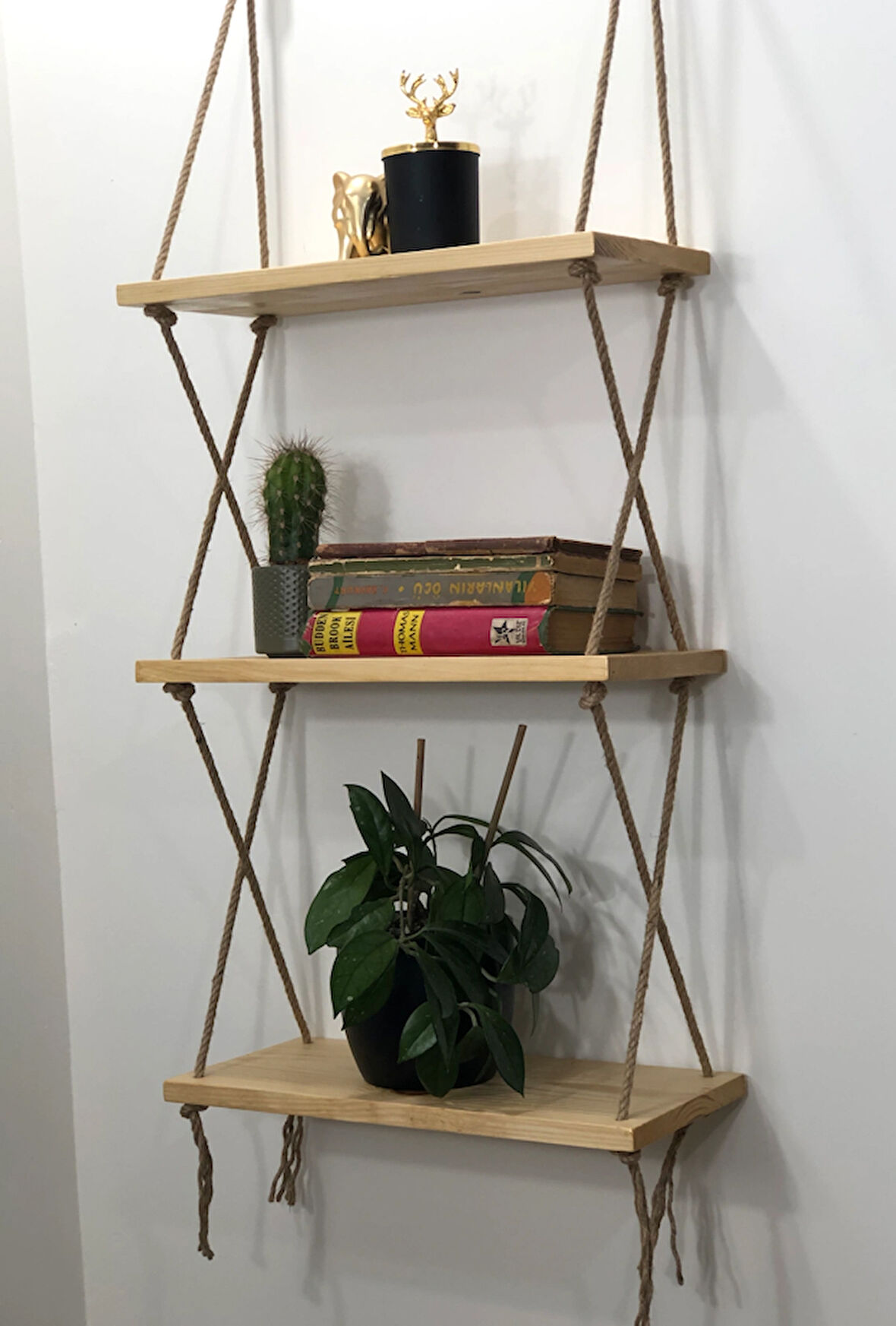 O&A Wood Halatlı Doğal Ahşap Dekoratif Duvar Rafı, 3 Katlı Ahşap Çiçeklik, Retro Hasır Ipli Ahşap, Renksiz