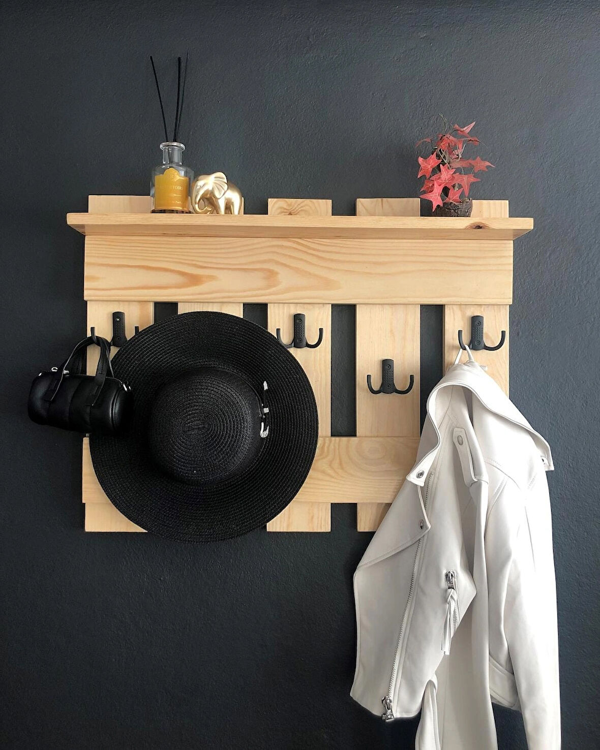 O&A Wood Doğal Ahşap Vestiyer, Dekoratif 5 Askılı Portmanto